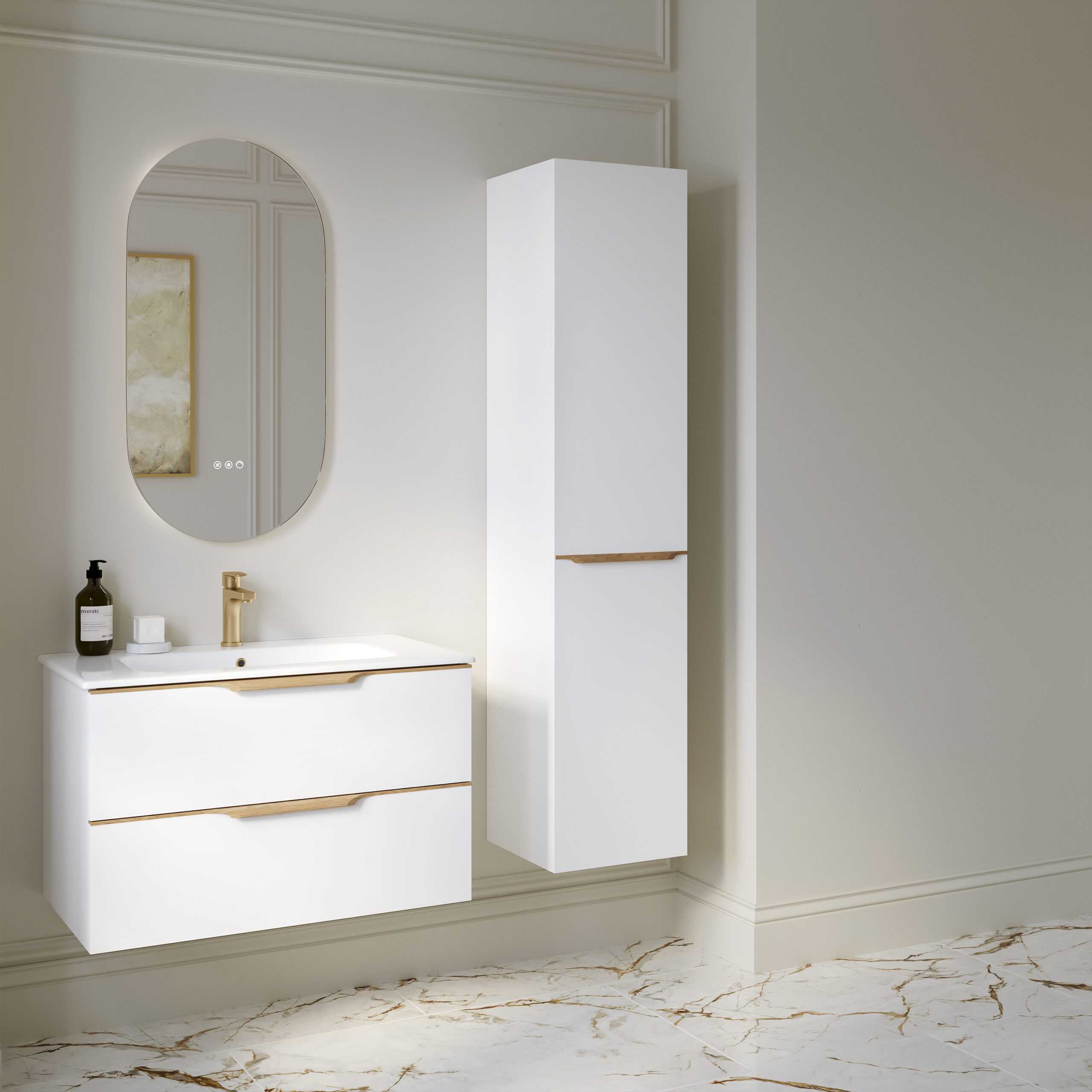 Contemporary white bathroom vanity with wooden accents, wall-mounted mirror, and tall storage cabinet showcasing modern bathroom design. Perfect for stylish and functional bathroom renovation.