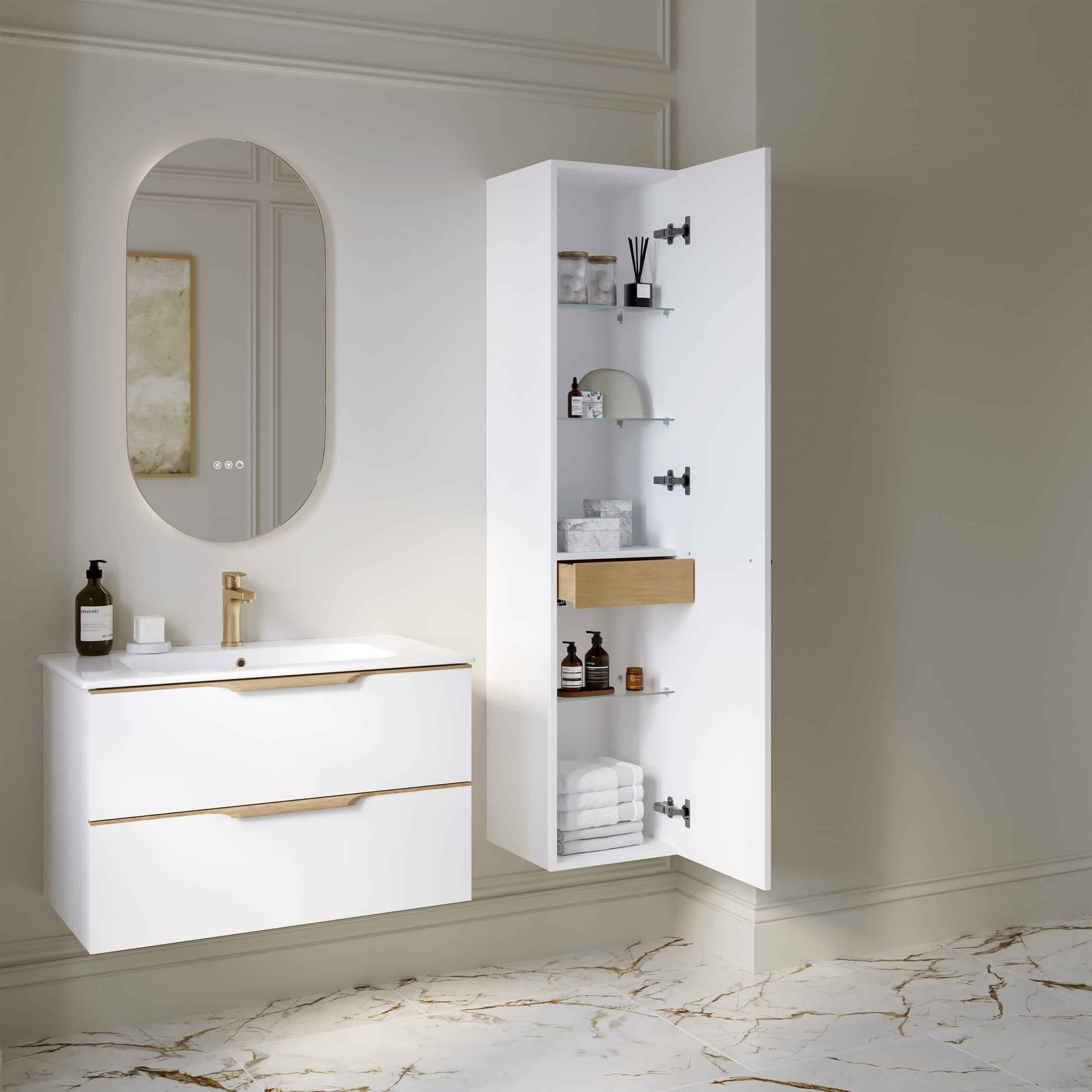 Minimalist white bathroom vanity unit with integrated storage and wooden accents, paired with a matching tall storage cabinet, set against a neutral wall with marble flooring. Perfect for modern bathroom design.
