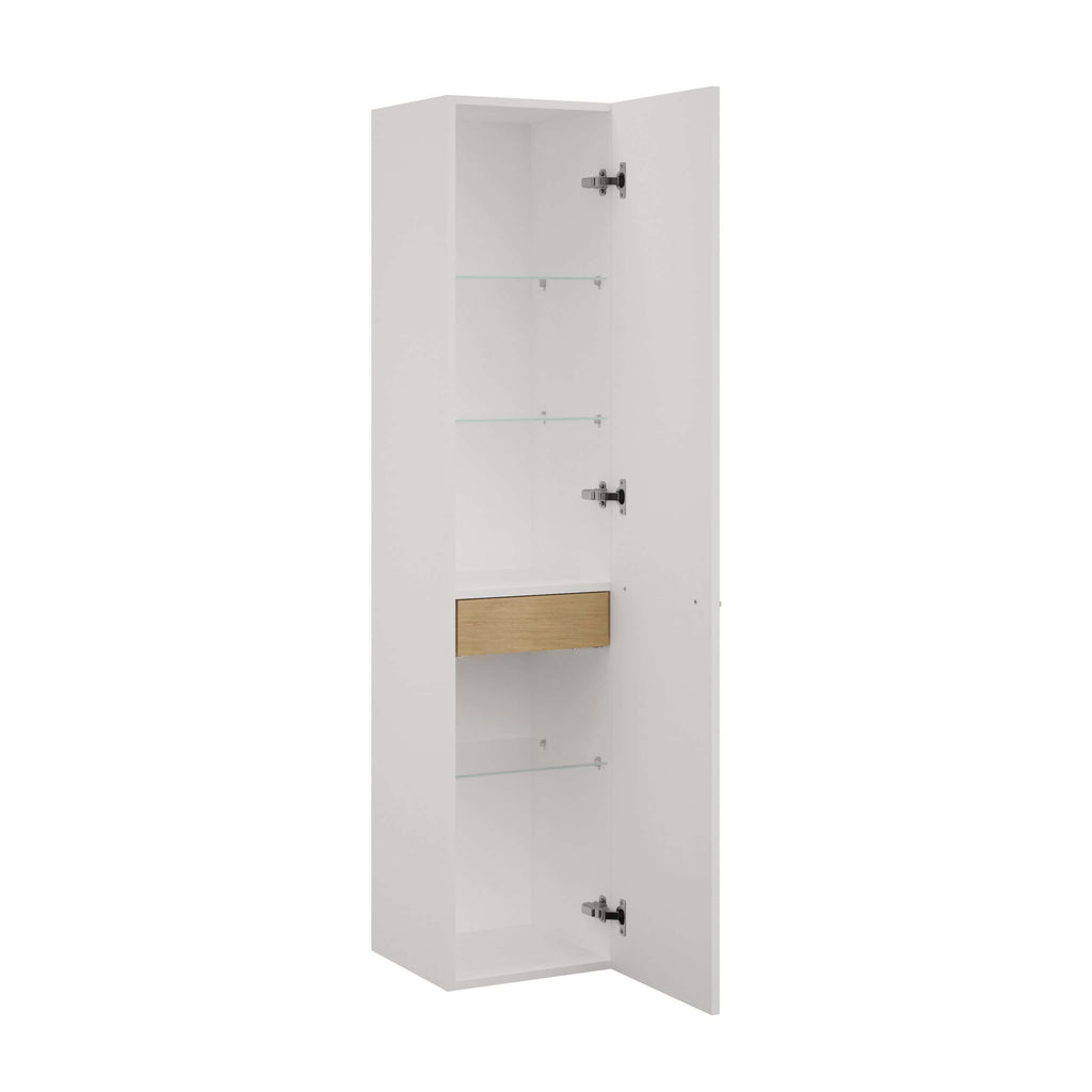 Floating bathroom cabinet with glass shelves, wooden drawer, and white finish for modern bathroom storage solutions. Ideal for organising toiletries and bathroom essentials.