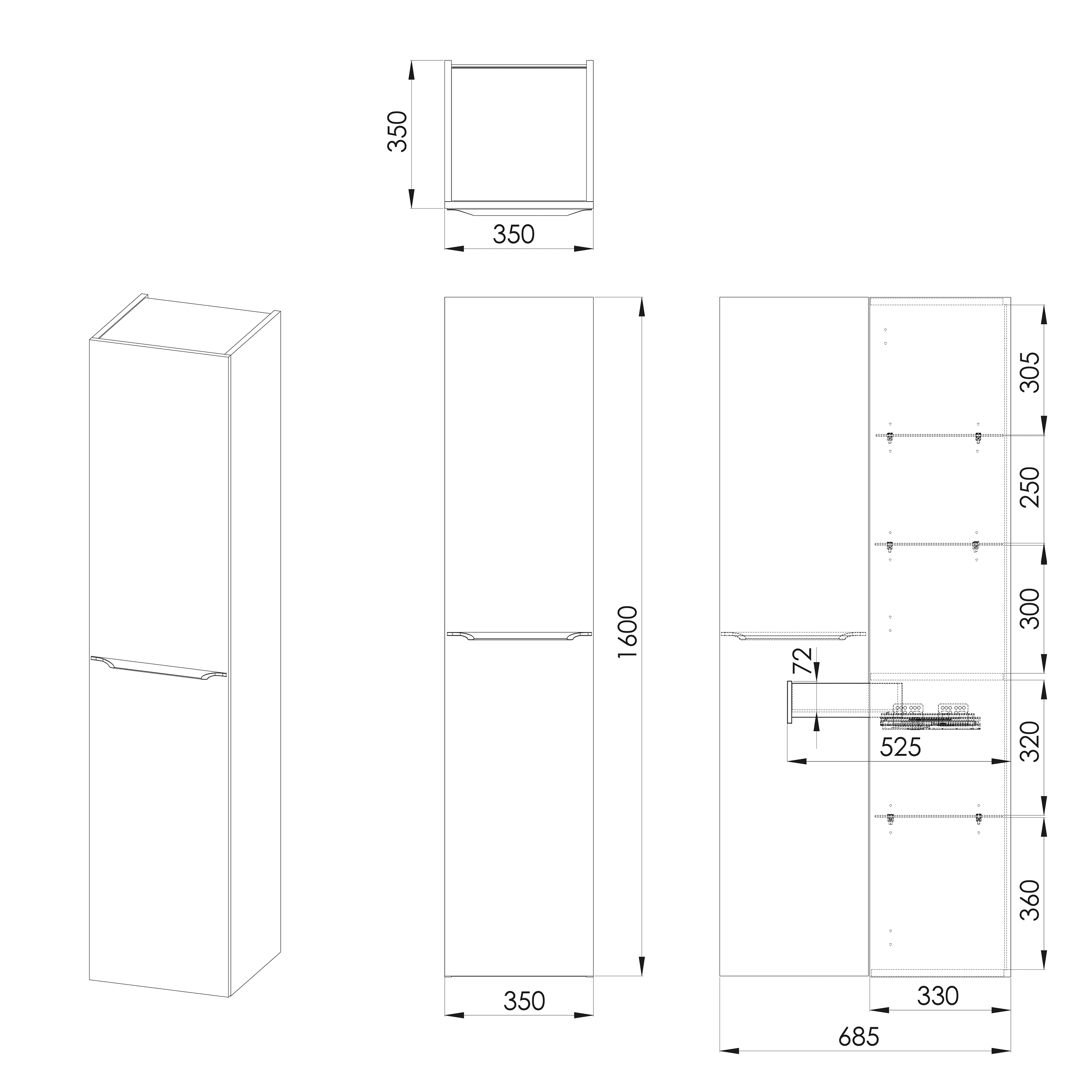 Sleek tall bathroom cabinet with minimalist design, 1650mm high and 350mm wide, ideal for modern bathroom storage solutions.