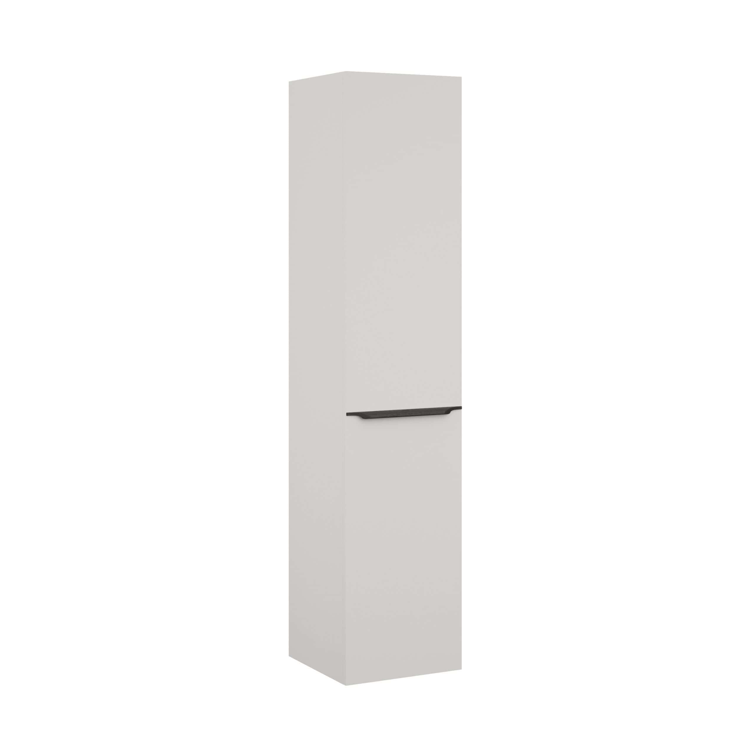 Sleek white bathroom tall storage cabinet with black handle, ideal for modern bathroom organisation and space-saving storage solutions. Perfect for contemporary bathroom interiors.