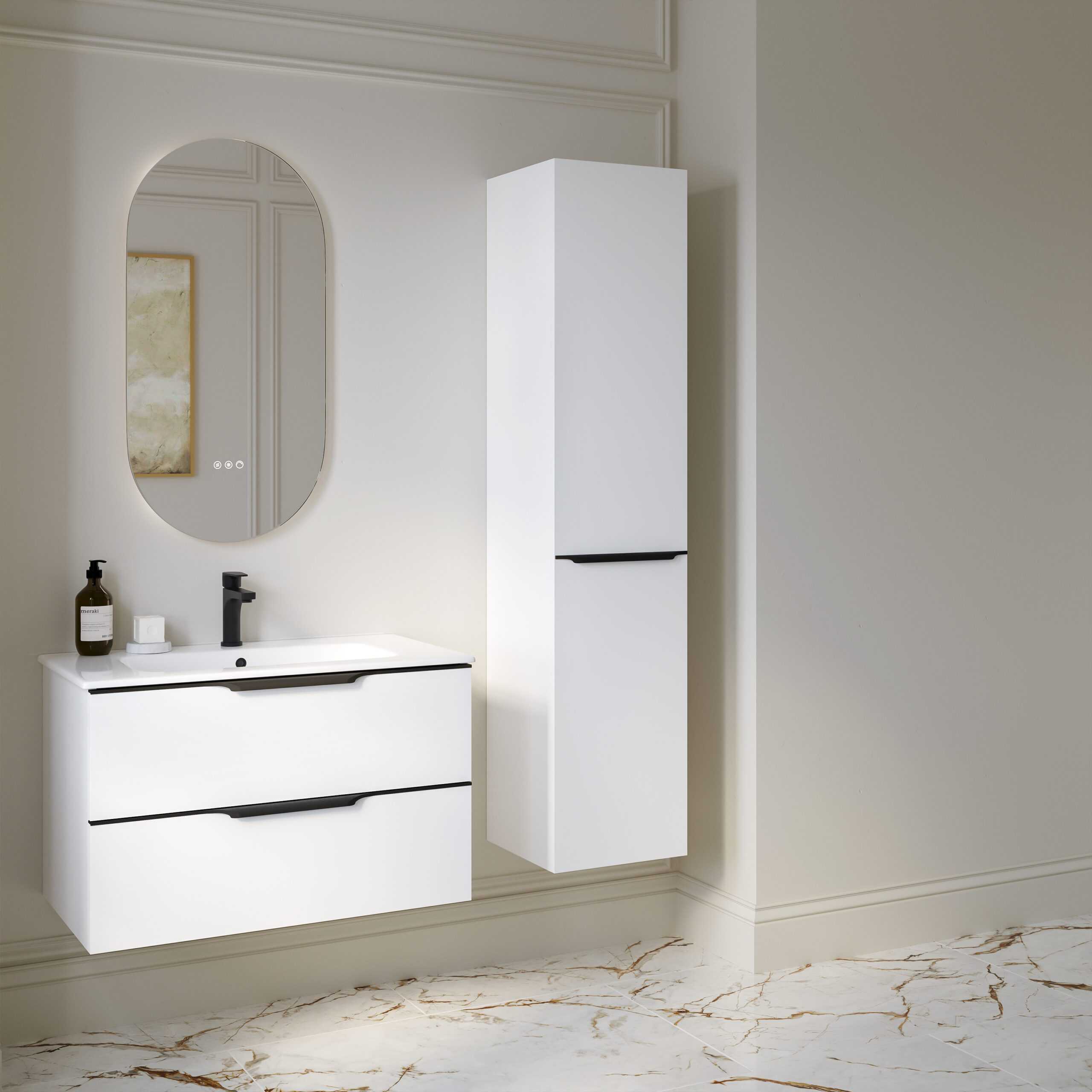 Sleek modern white bathroom vanity unit with a black handle, wall-mounted mirror, and matching tall storage cabinet, featuring stylish minimalistic design for contemporary bathrooms.