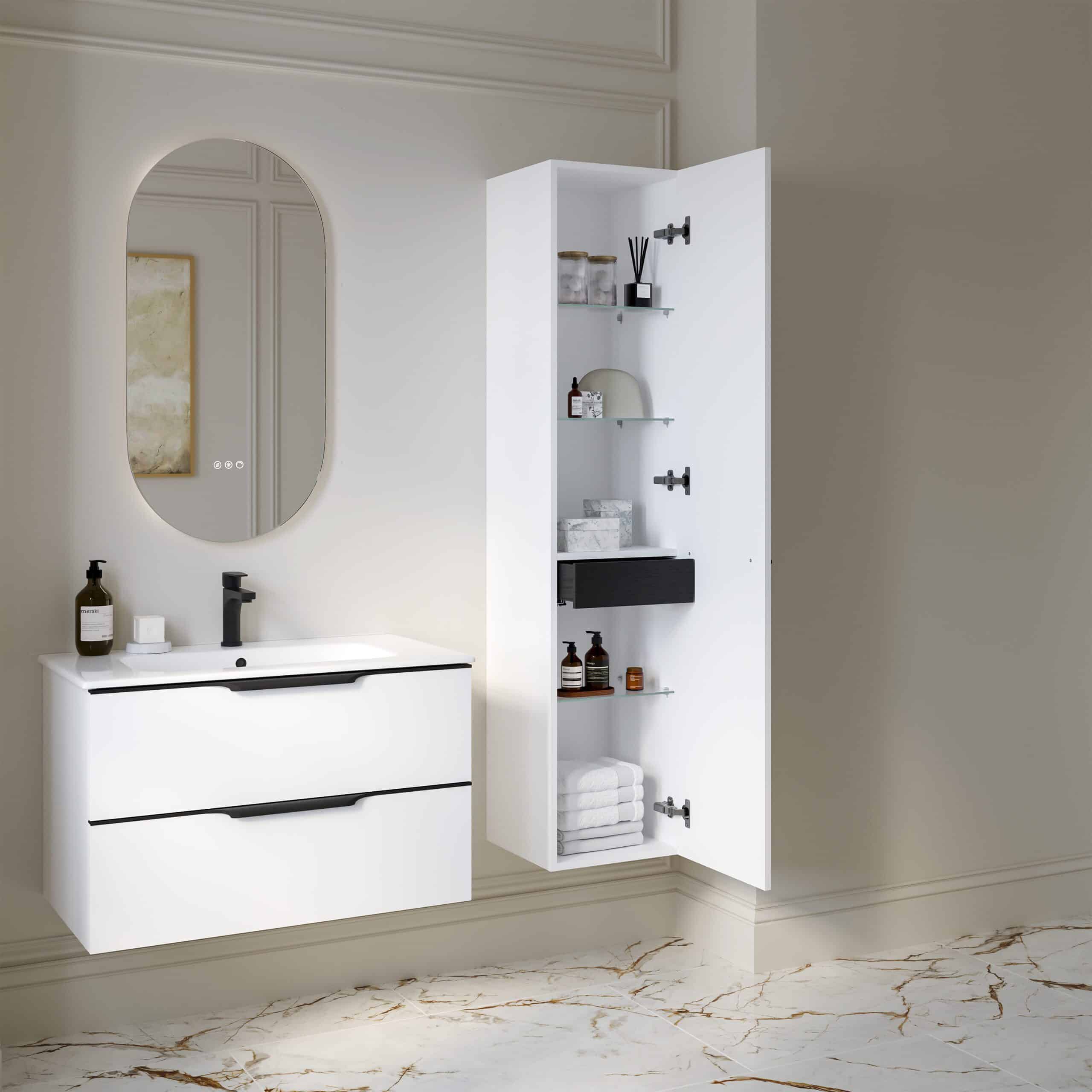 Sleek white bathroom vanity with integrated sink and matte black hardware, complemented by an elegant storage cabinet with glass shelves, ideal for modern bathroom organisation and decor.