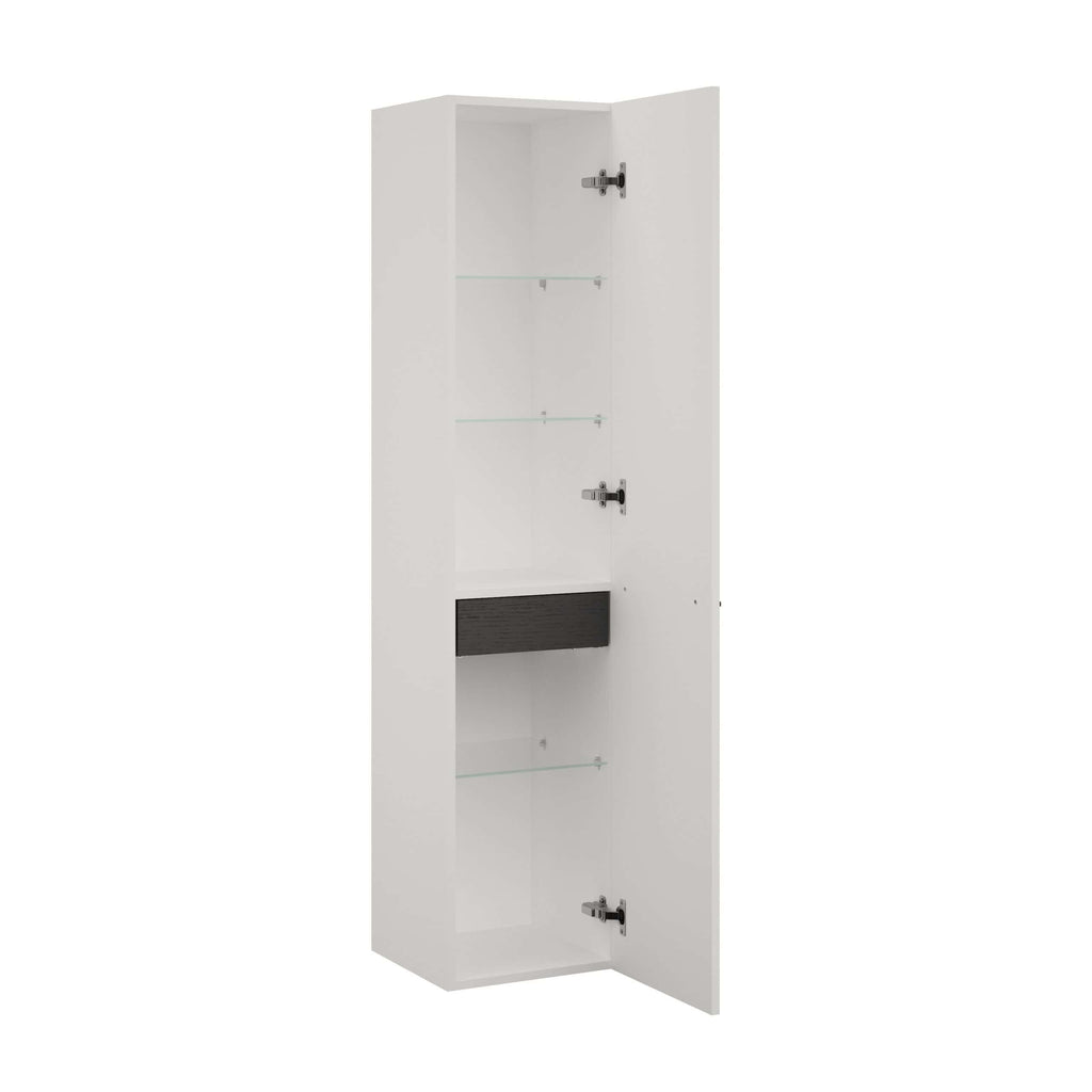 White bathroom storage cabinet with glass shelves and black drawer, ideal for modern bathrooms. Includes adjustable hinges, sleek design, and ample space for toiletries and bathroom essentials.
