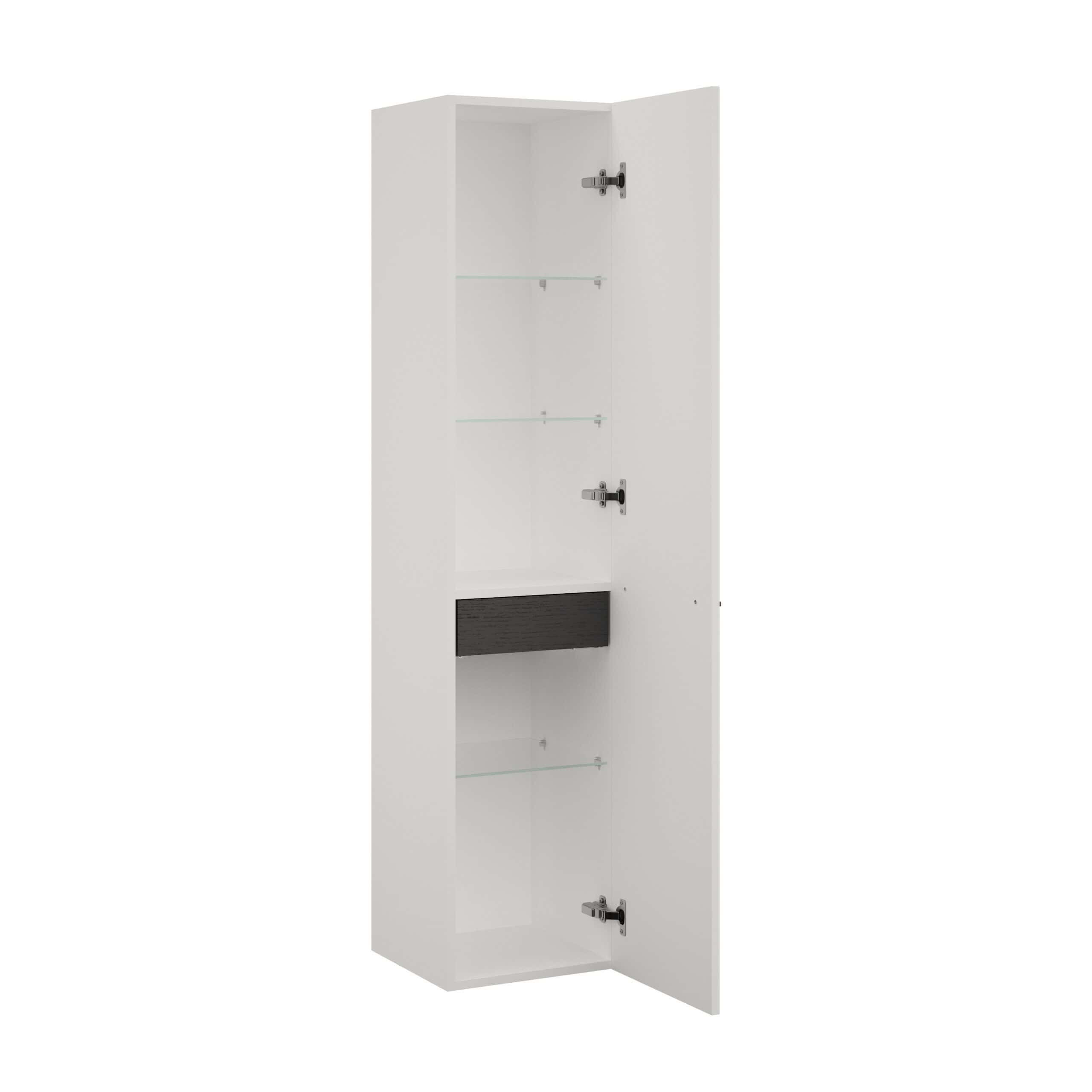 White bathroom storage cabinet with glass shelves and black drawer, ideal for modern bathrooms. Includes adjustable hinges, sleek design, and ample space for toiletries and bathroom essentials.