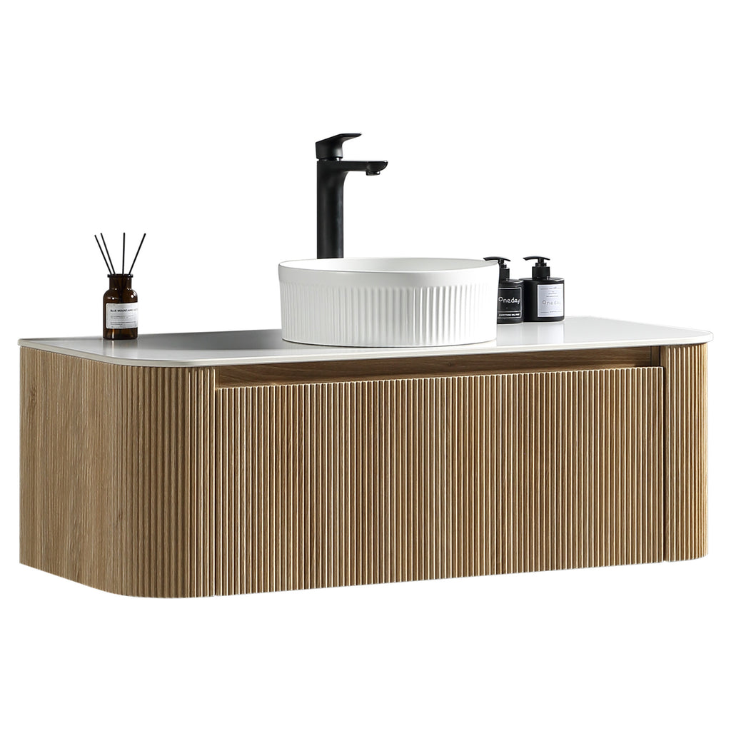 Tailored Flauto 1070mm Wall Hung Curve Corner Vanity with Sintered Stone Counter Top, Country Oak - view 1