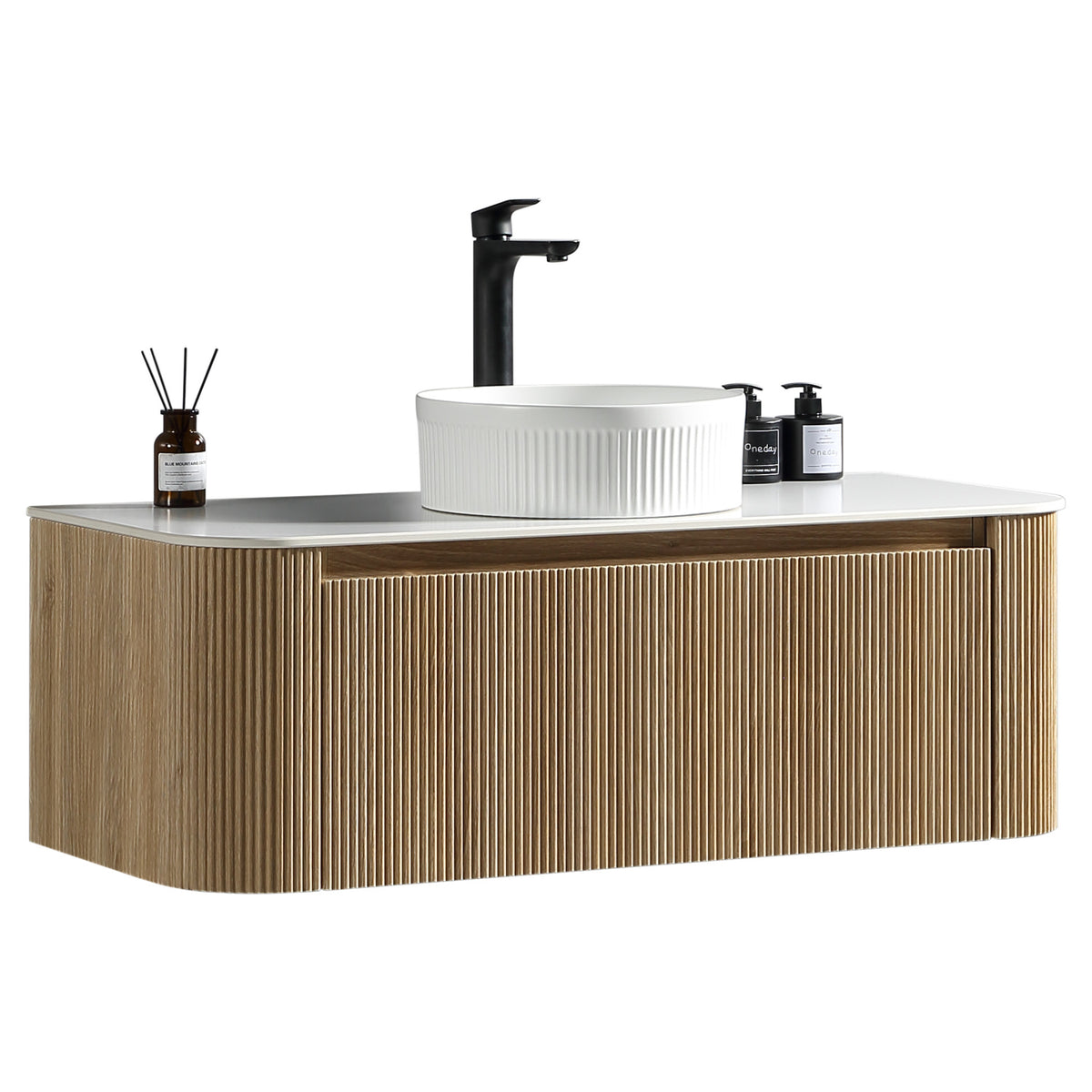 Tailored Flauto 1070mm Wall Hung Curve Corner Vanity with Sintered Stone Counter Top, Country Oak - view 1
