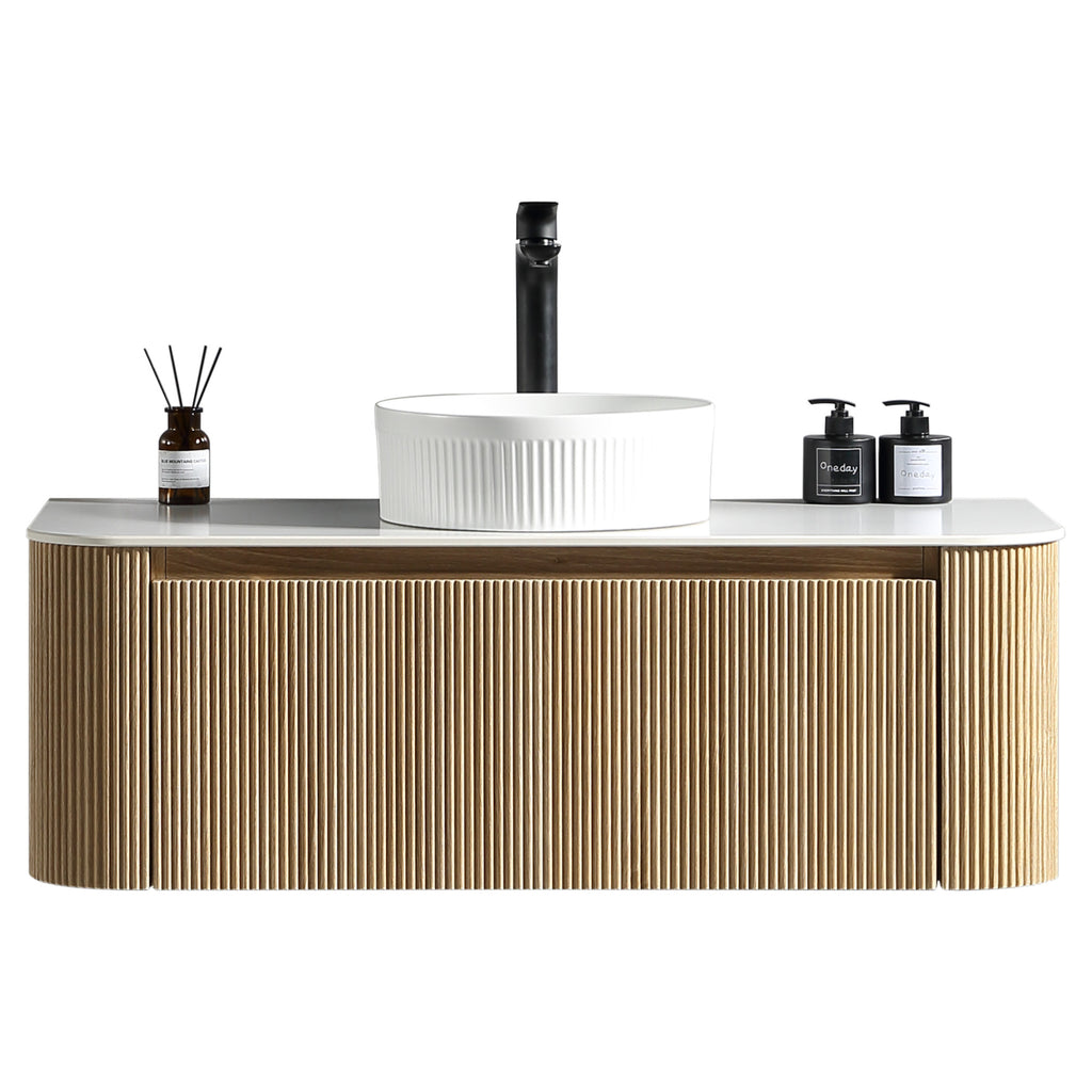 Tailored Flauto 1070mm Wall Hung Curve Corner Vanity with Sintered Stone Counter Top, Country Oak - view 3