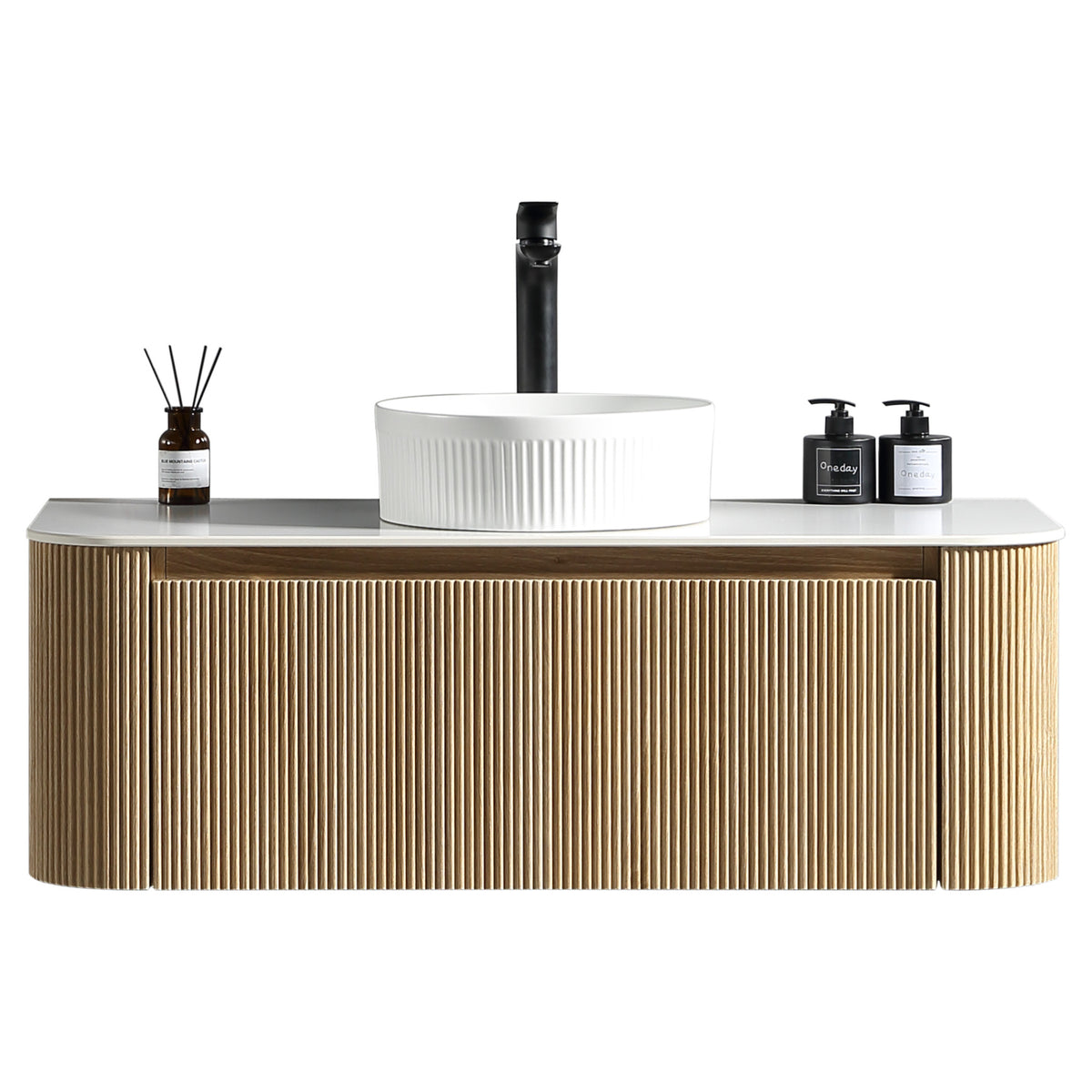 Tailored Flauto 1070mm Wall Hung Curve Corner Vanity with Sintered Stone Counter Top, Country Oak - view 3