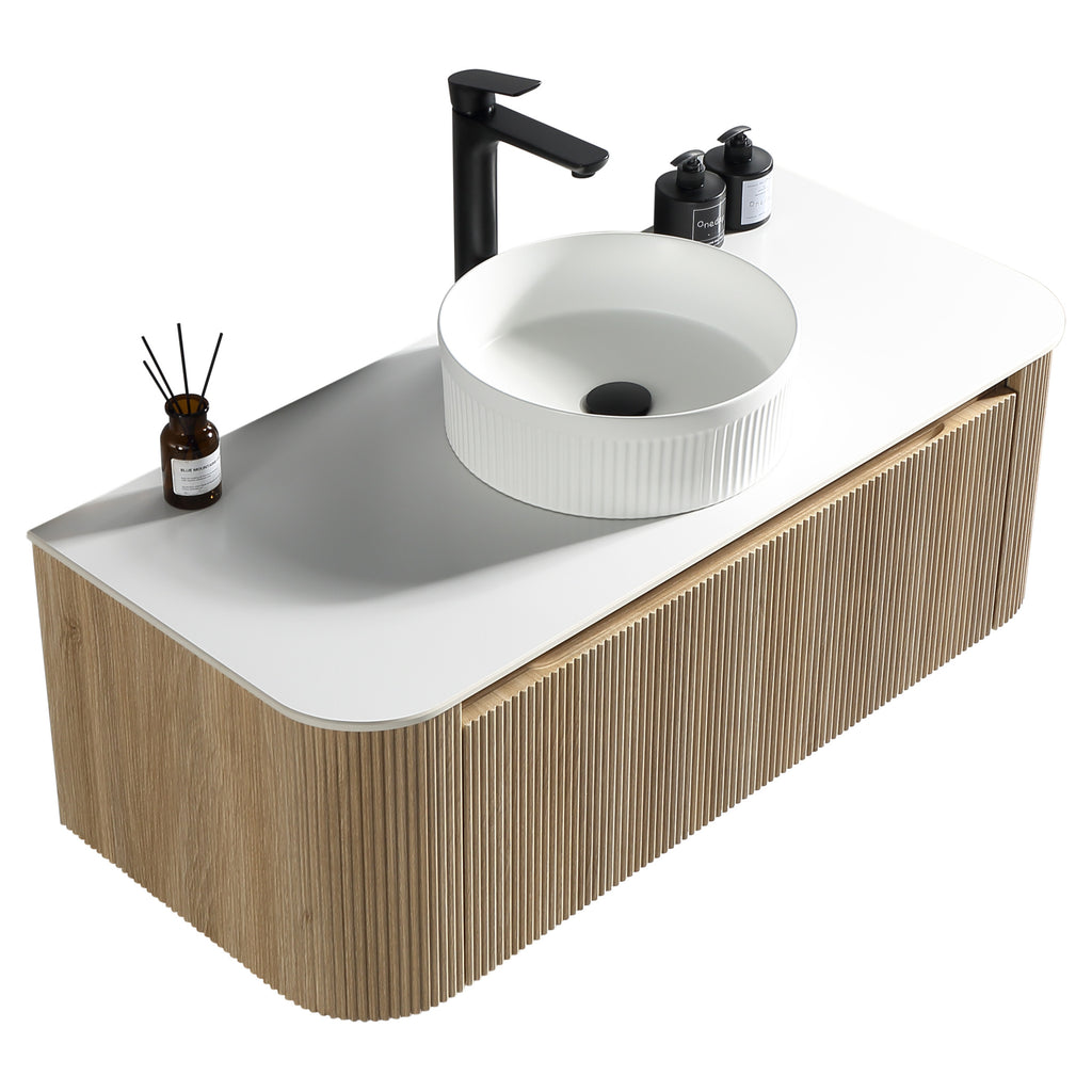 Tailored Flauto 1070mm Wall Hung Curve Corner Vanity with Sintered Stone Counter Top, Country Oak - view 5