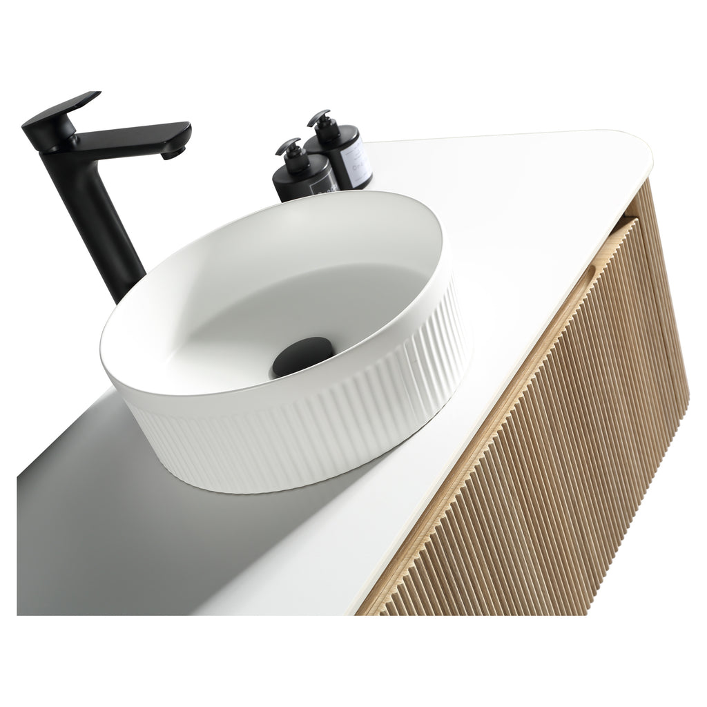 Tailored Flauto 1070mm Wall Hung Curve Corner Vanity with Sintered Stone Counter Top, Country Oak - view 6
