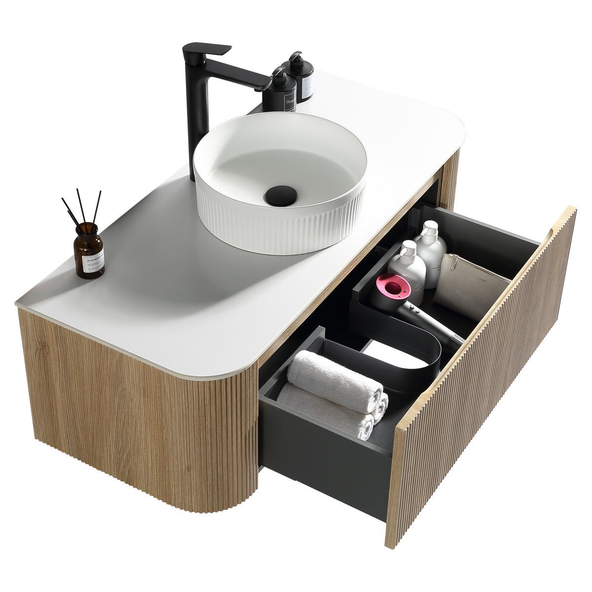 Tailored Flauto 1070mm Wall Hung Curve Corner Vanity with Sintered Stone Counter Top, Country Oak - view 7