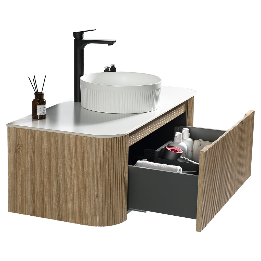 Tailored Flauto 1070mm Wall Hung Curve Corner Vanity with Sintered Stone Counter Top, Country Oak - view 8