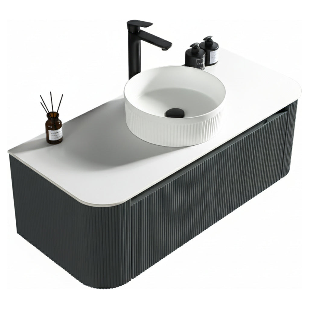 Tailored Flauto 1070mm Wall Hung Curve Corner Vanity with Sintered Stone Counter Top - Smoked Sage