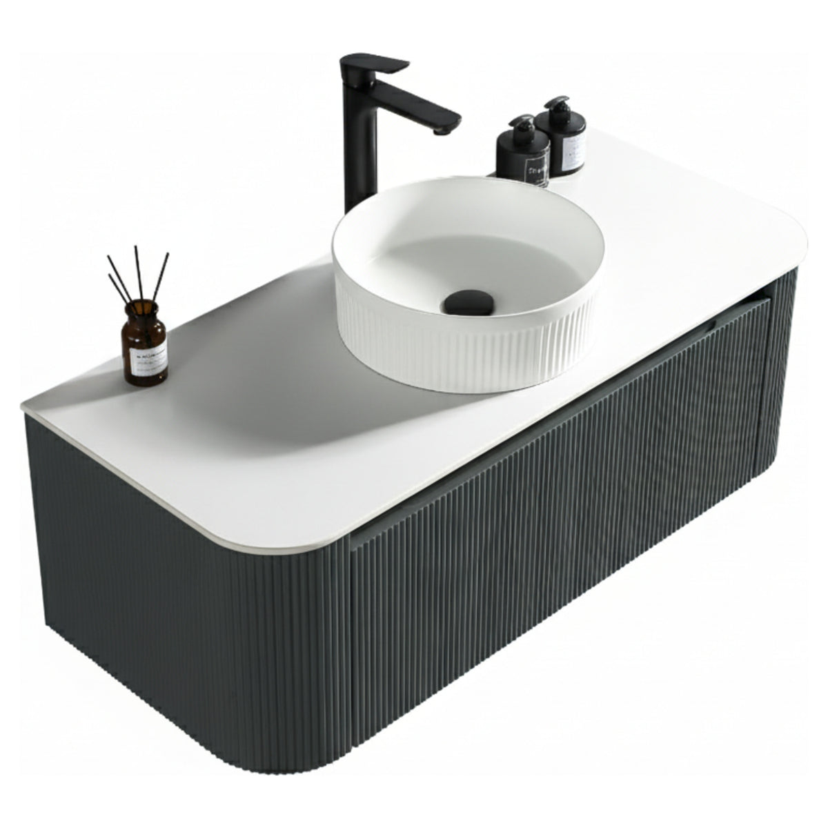 Tailored Flauto 1070mm Wall Hung Curve Corner Vanity with Sintered Stone Counter Top - Smoked Sage