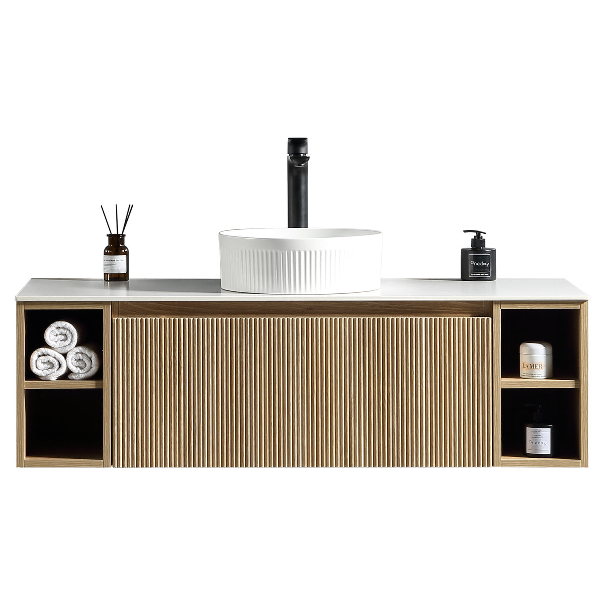 Tailored Flauto 1200mm Wall Hung Vanity with 2 Side Storage & Sintered Stone Counter Top, Country Oak - view 1