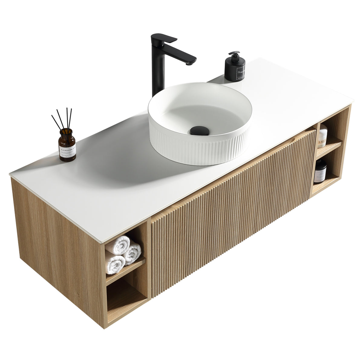Tailored Flauto 1200mm Wall Hung Vanity with 2 Side Storage & Sintered Stone Counter Top, Country Oak - view 5