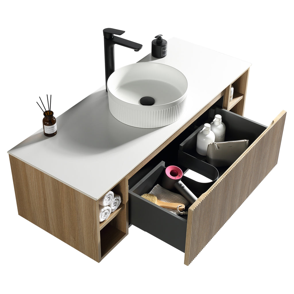 Tailored Flauto 1200mm Wall Hung Vanity with 2 Side Storage & Sintered Stone Counter Top, Country Oak - view 8