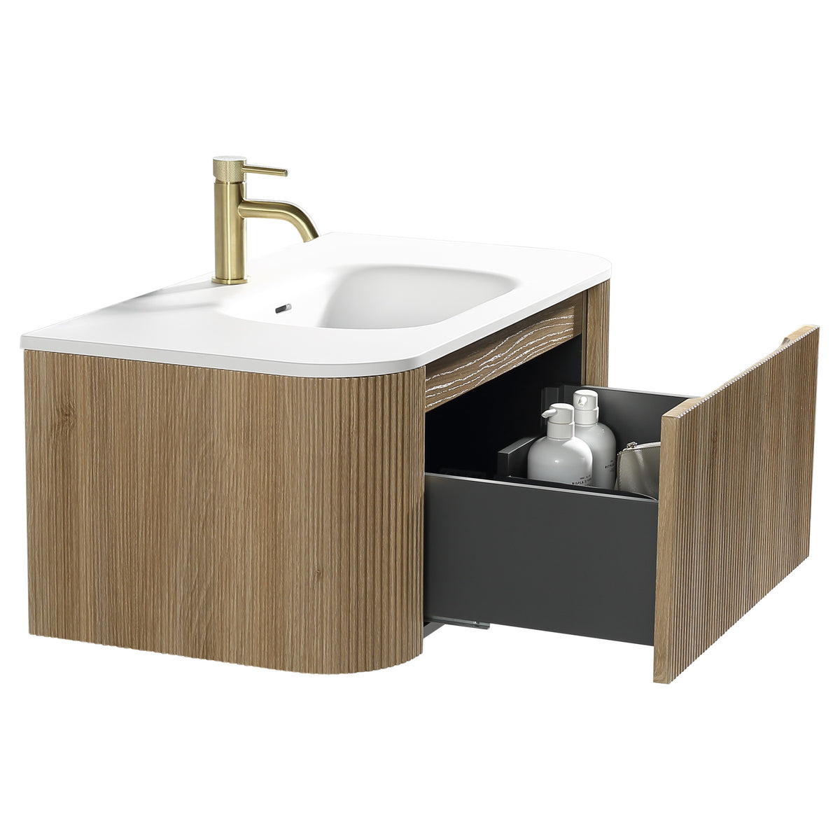 Tailored Flauto 870mm Wall Hung Curve Corner Vanity with Matte Basin, Country Oak - view 1