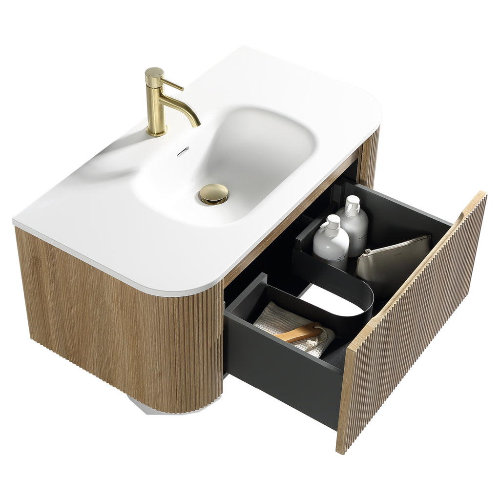 Tailored Flauto 870mm Wall Hung Curve Corner Vanity with Matte Basin, Country Oak - view 7