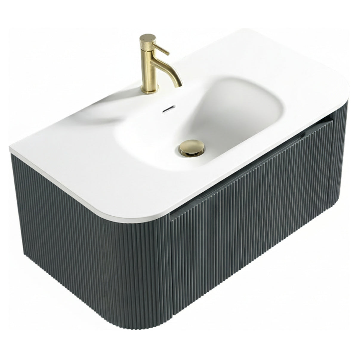 Tailored Flauto 870mm Wall Hung Curve Corner Vanity with Matte Basin - Smoked Sage