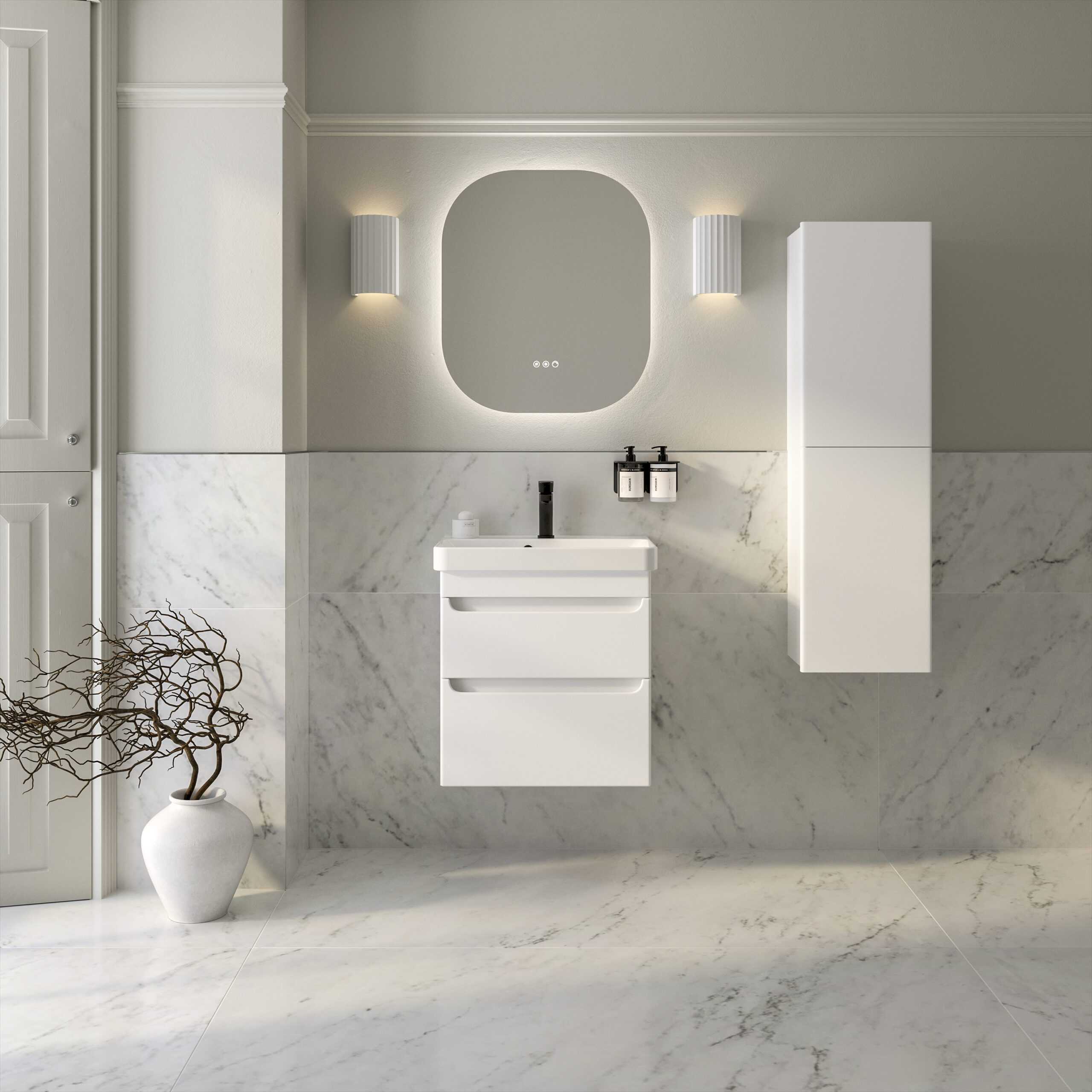 Modern white bathroom vanity with integrated sink, wall-mounted cabinet, and stylish mirror in contemporary bathroom design. Perfect for sleek, functional, and elegant bathroom interiors.