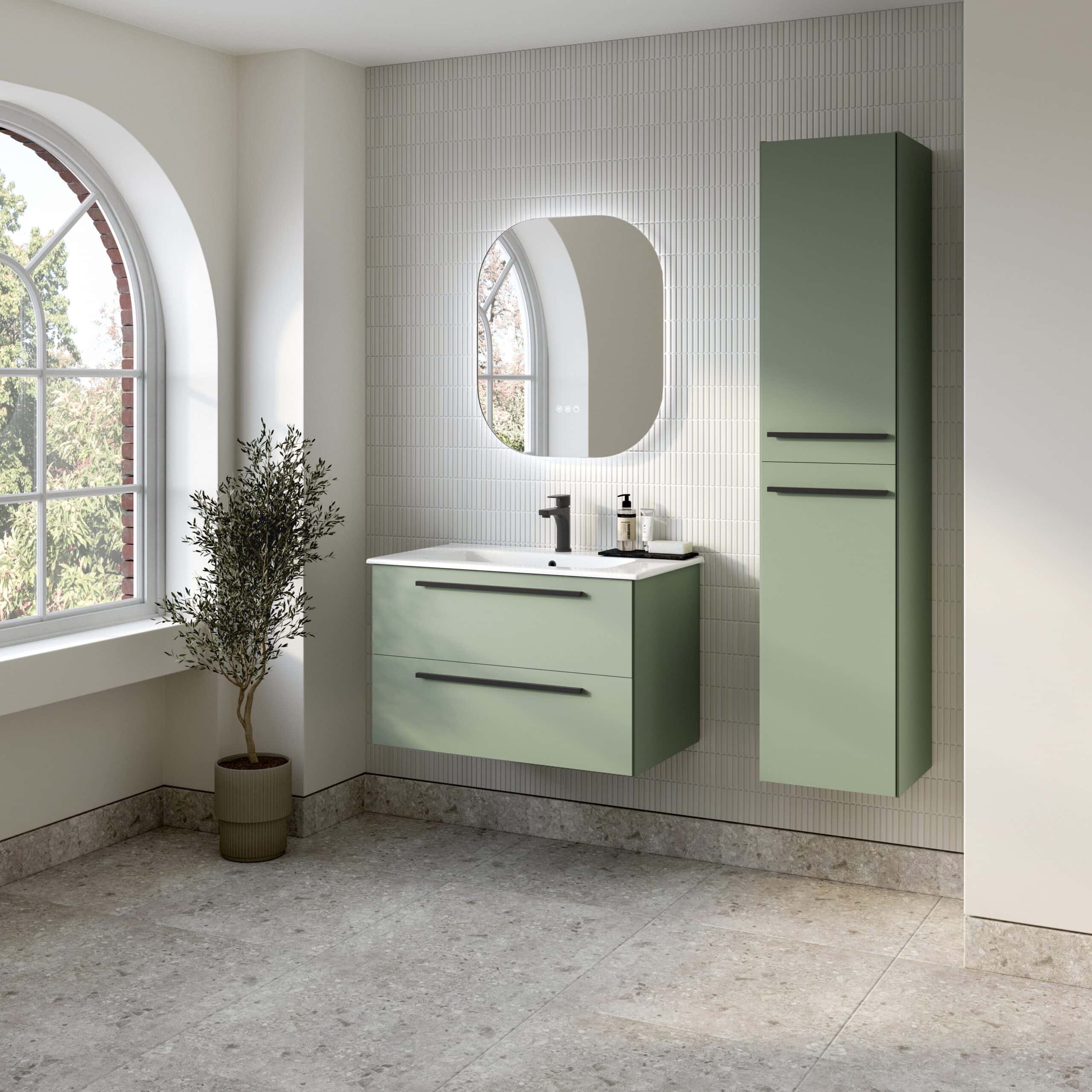 Sleek green bathroom vanity set with matching tall cabinet, modern black fixtures, and illuminated mirror, creating a stylish and functional bathroom space.