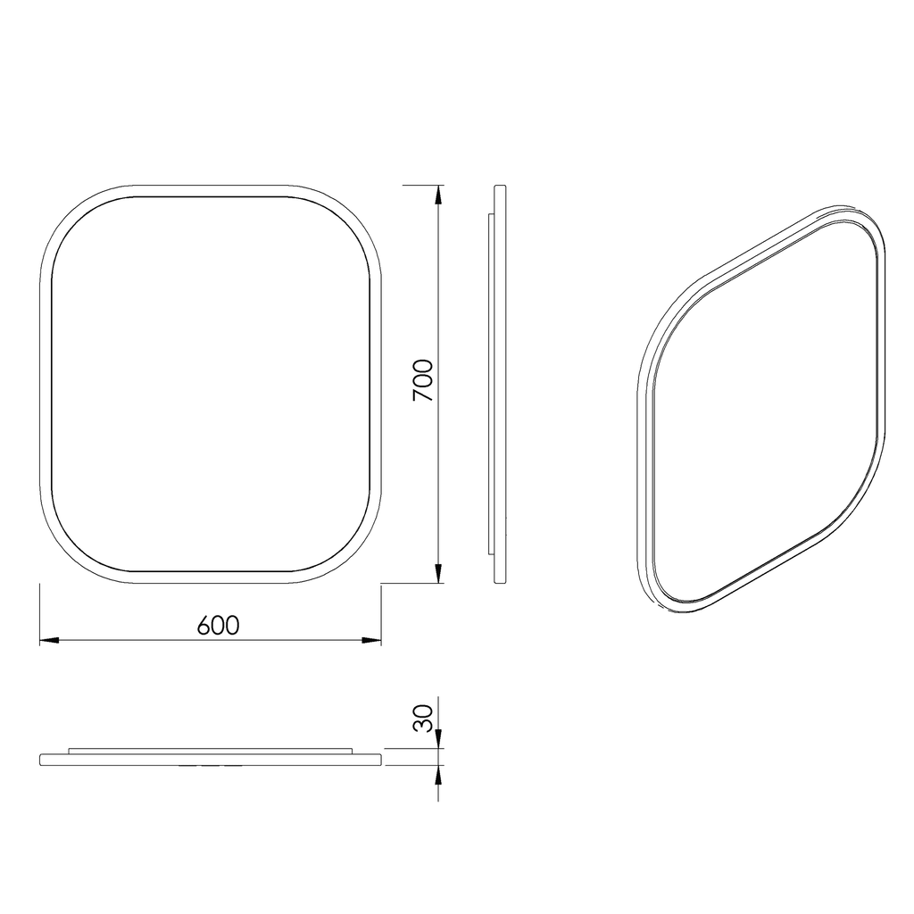 Sleek square shower enclosure with rounded edges, measuring 600mm by 700mm, designed for modern bathrooms. Features a slim 30mm height profile, perfect for space-saving bathroom renovations.