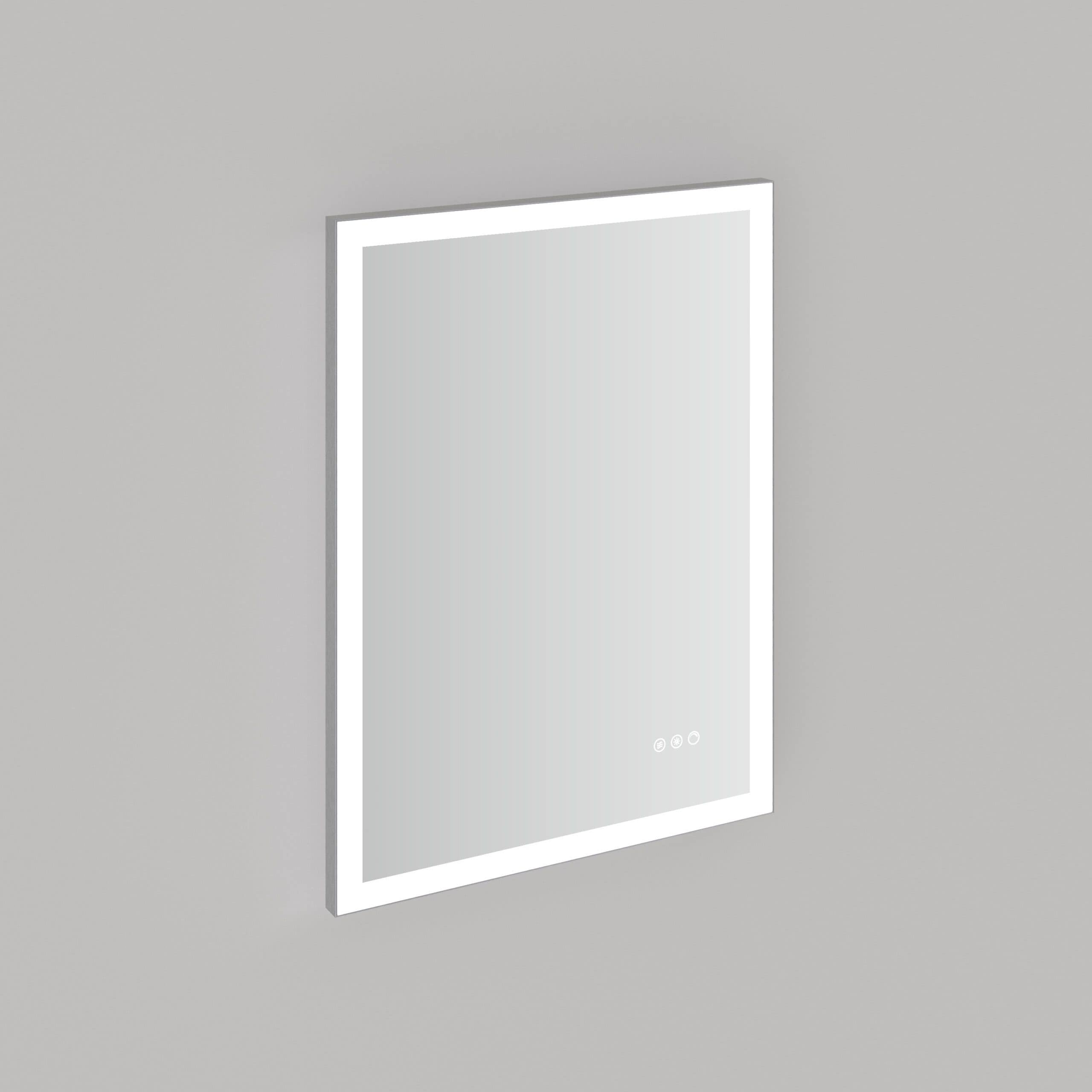 LED illuminated bathroom mirror with touch controls for modern bathroom decor and LED lighting for ambience and functionality.