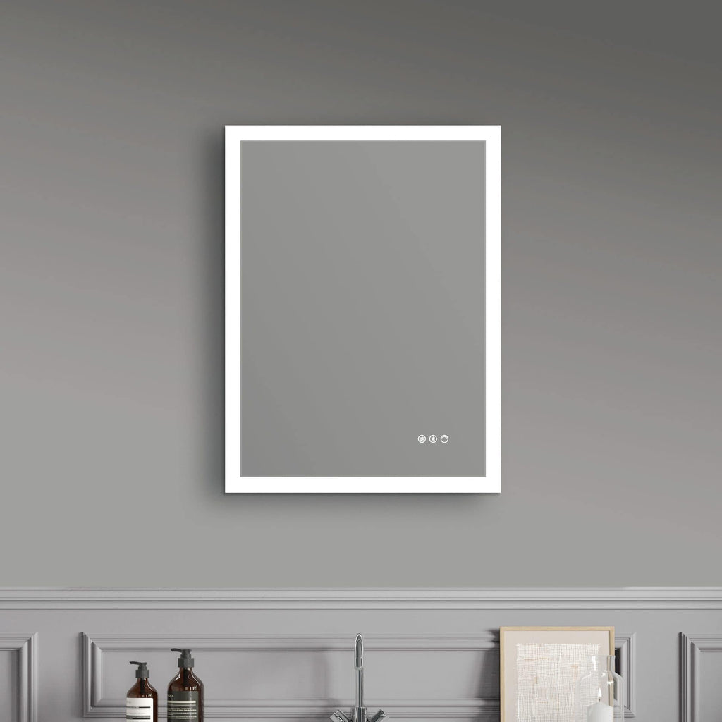 Sleek modern bathroom mirror with touch control, surrounded by minimalist grey wall and classic wainscoting, perfect for contemporary bathrooms.