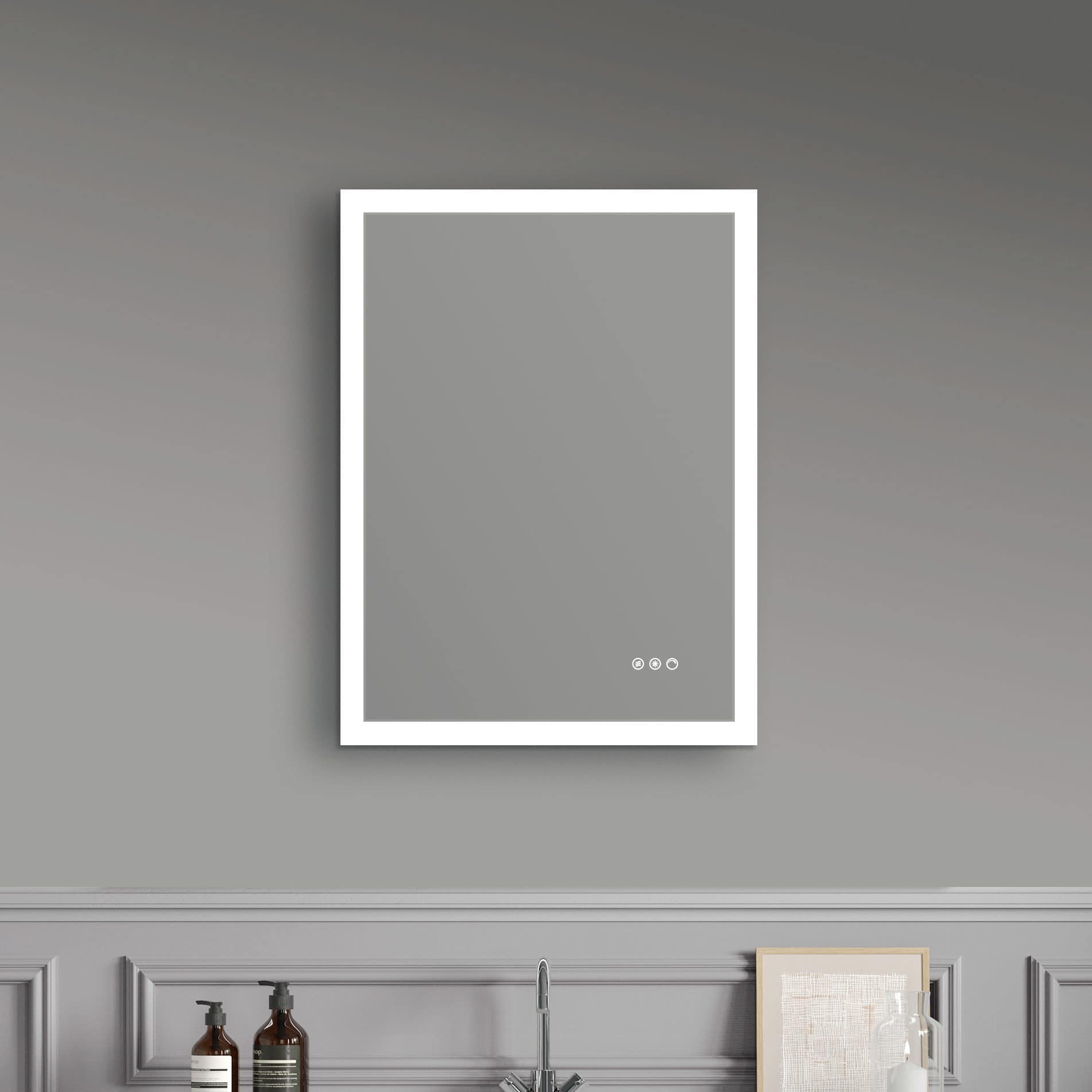 Sleek modern bathroom mirror with touch control, surrounded by minimalist grey wall and classic wainscoting, perfect for contemporary bathrooms.