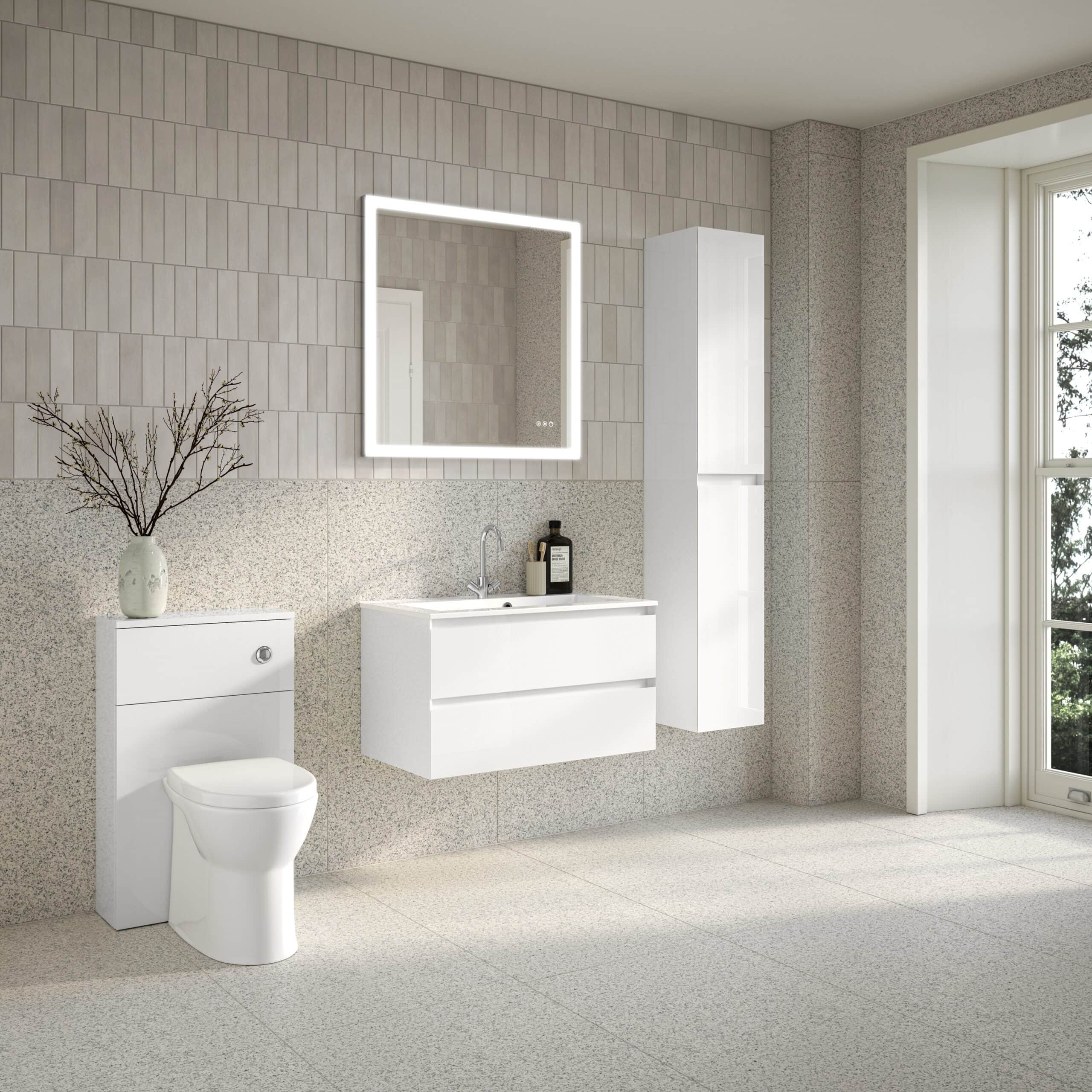 Modern minimalist white bathroom with floating vanity, illuminated mirror, and smart storage cabinet, featuring neutral tiled walls and large window for natural light. Perfect for contemporary bathroom design.