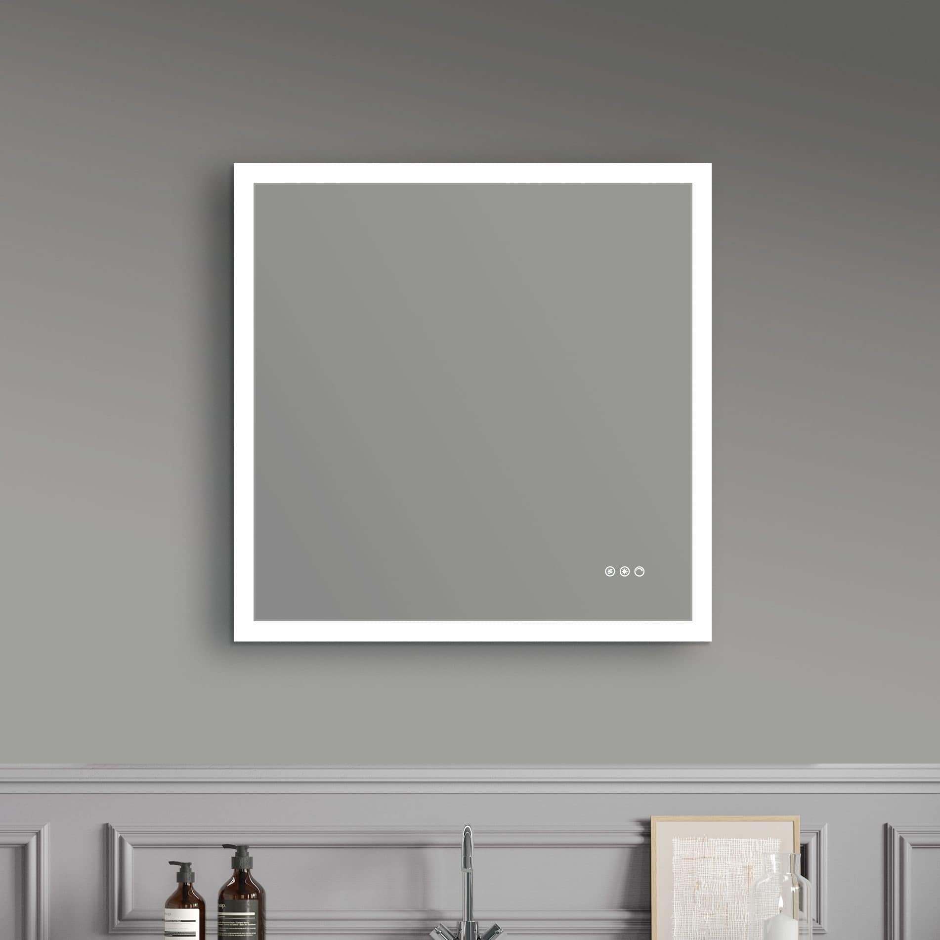 Modern grey touch control bathroom mirror with built-in LED lighting. Perfect for stylish, functional bathroom decor and grooming.