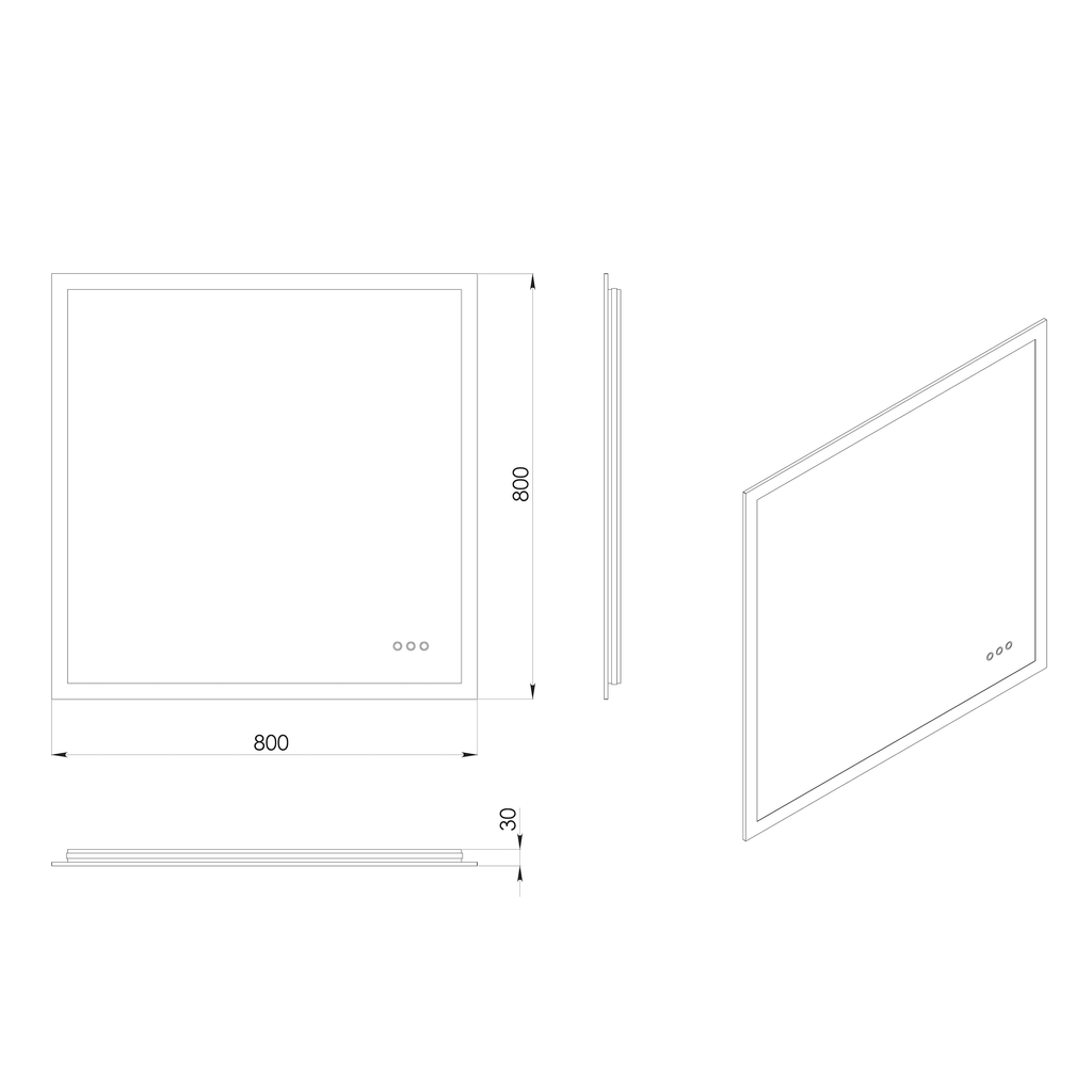Sleek square glass bathroom shower enclosure with minimalistic design, 800mm x 800mm size, and three control buttons for modern bathroom style.