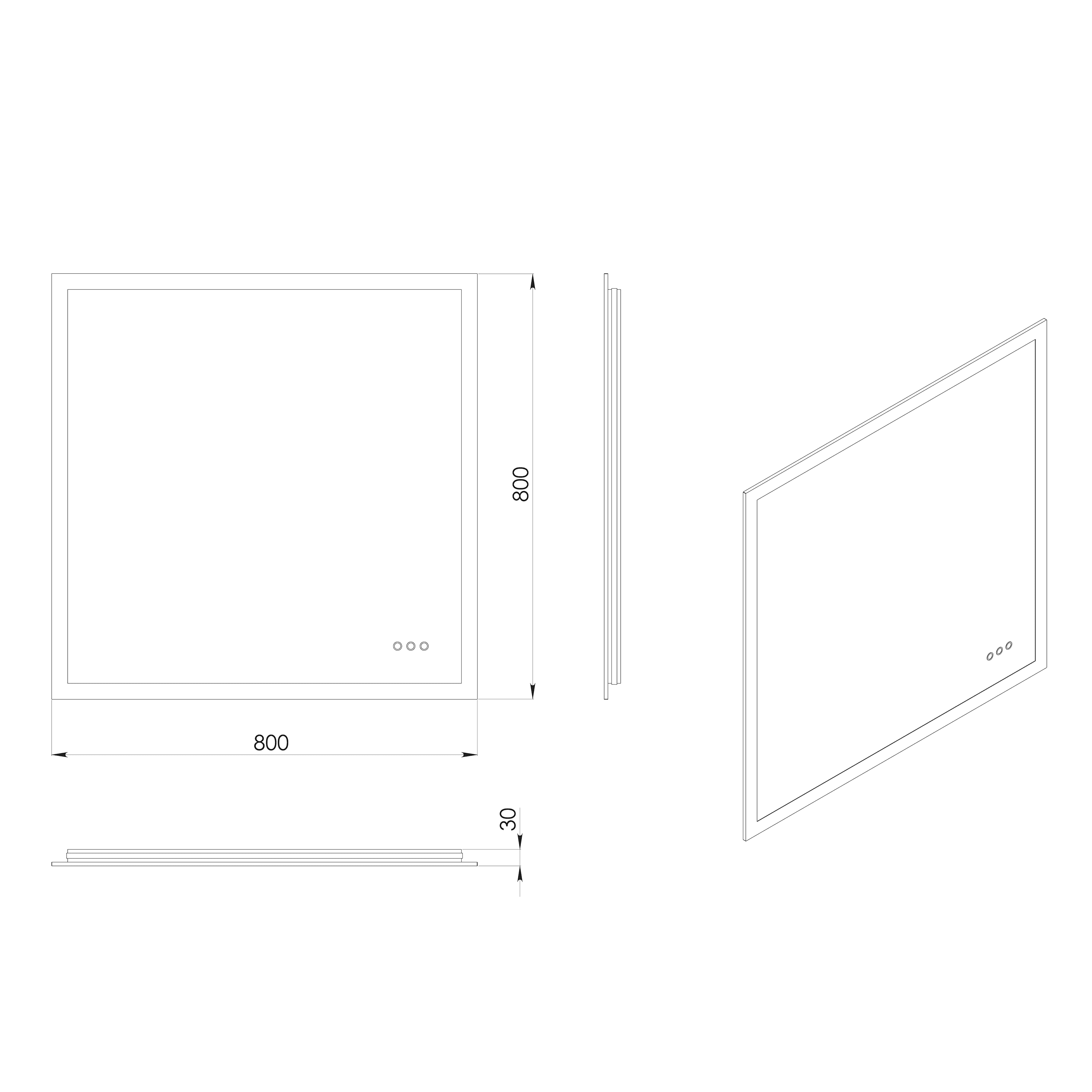 Sleek square glass bathroom shower enclosure with minimalistic design, 800mm x 800mm size, and three control buttons for modern bathroom style.