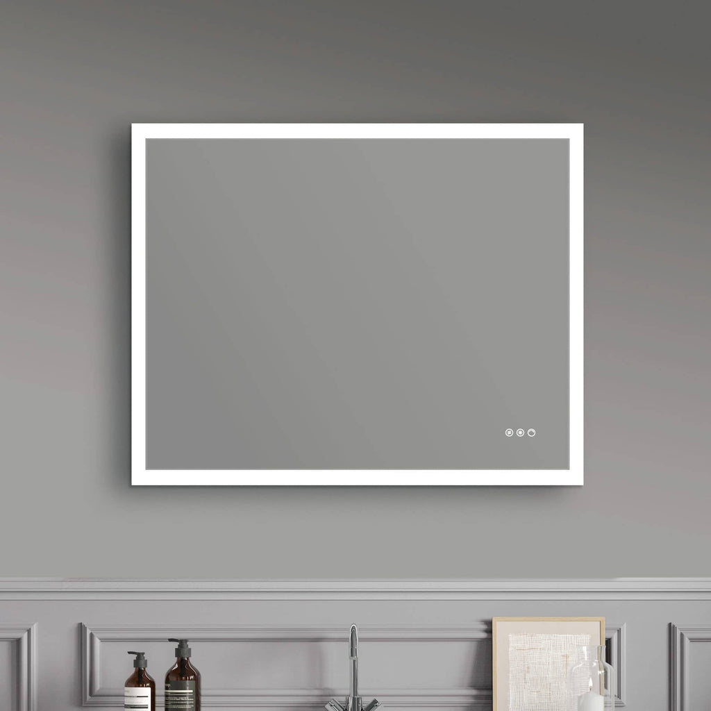 Modern grey bathroom mirror with touch controls, sleek design perfect for contemporary bathroom interiors.