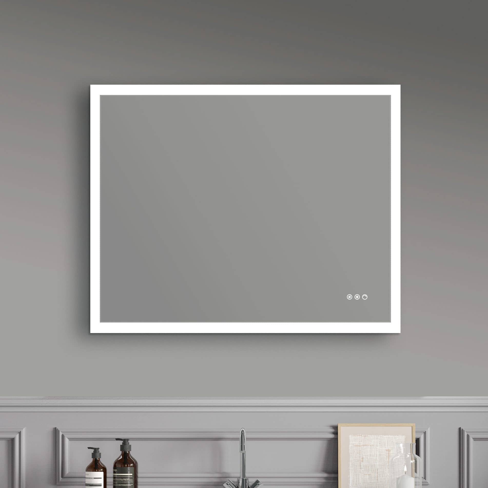 Modern grey bathroom mirror with touch controls, sleek design perfect for contemporary bathroom interiors.