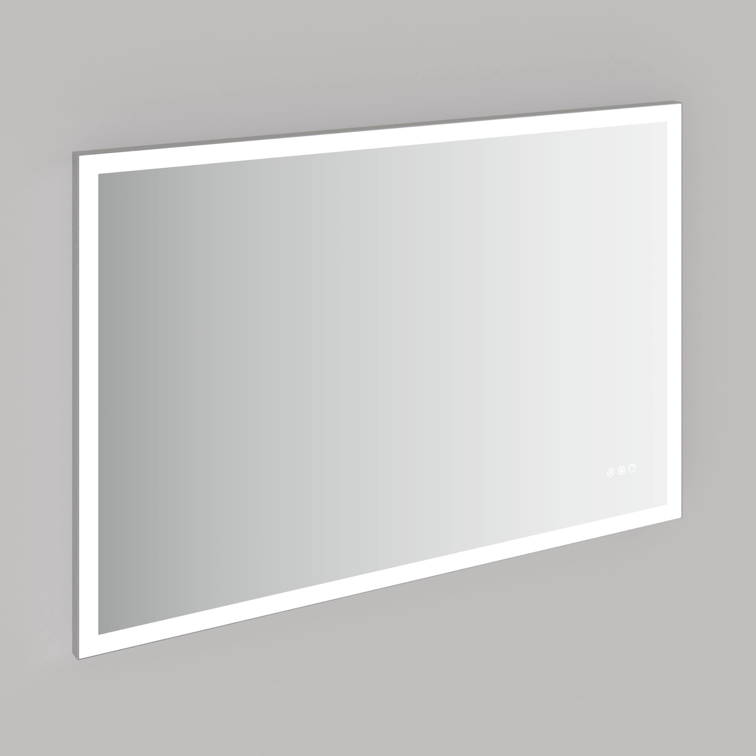 Sleek illuminated bathroom mirror with touch controls, ideal for modern bathroom designs, featuring anti-fog technology and LED lighting for enhanced visibility and style.