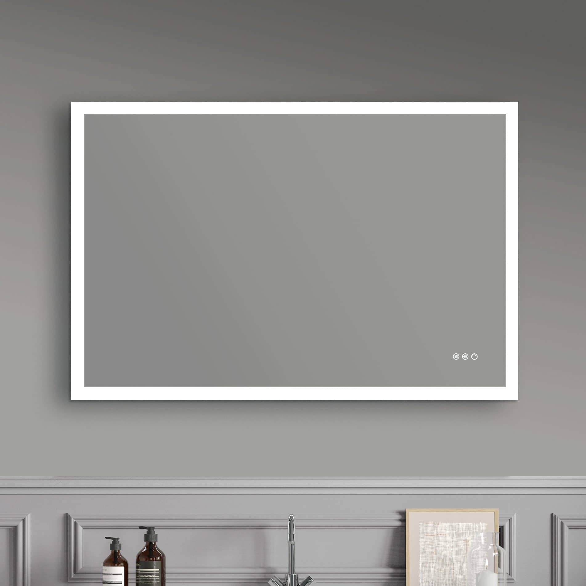 Sleek modern bathroom mirror with touch controls, set against a grey wall, featuring minimalist style design ideal for contemporary bathroom decor.