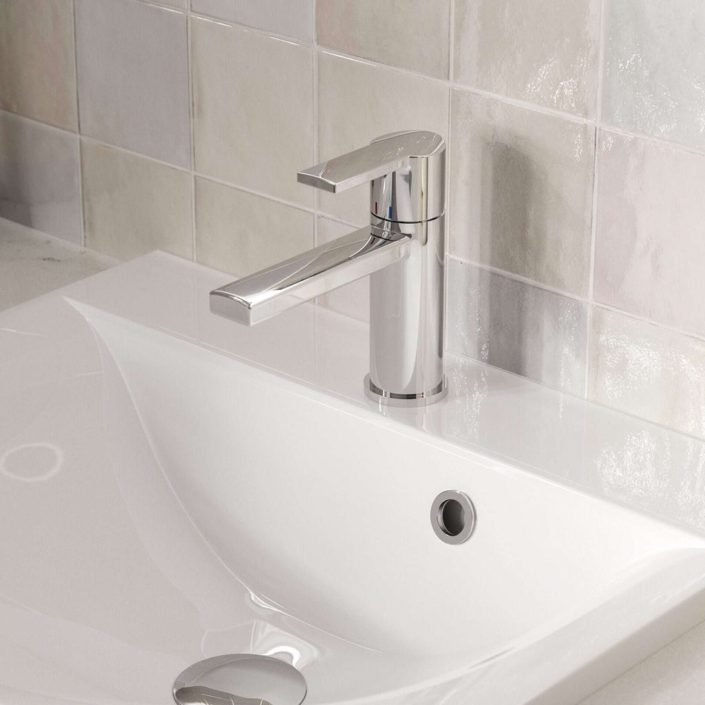 Sleek chrome bathroom sink faucet with clean lines, modern design, suitable for contemporary bathrooms for style and functionality.