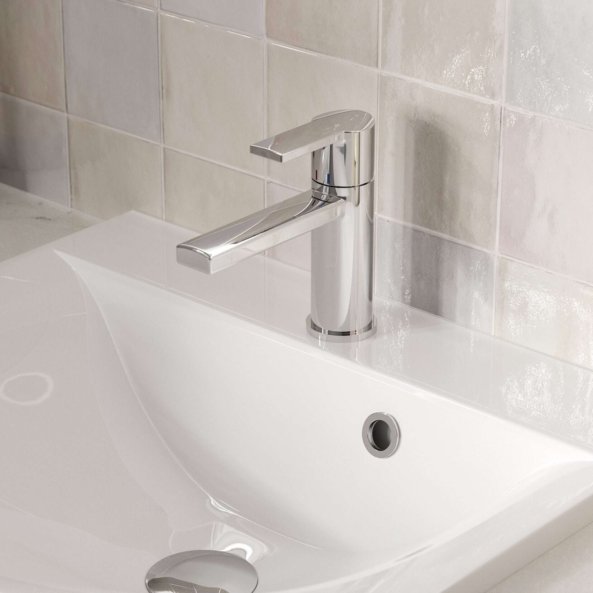 Sleek chrome bathroom sink faucet with clean lines, modern design, suitable for contemporary bathrooms for style and functionality.