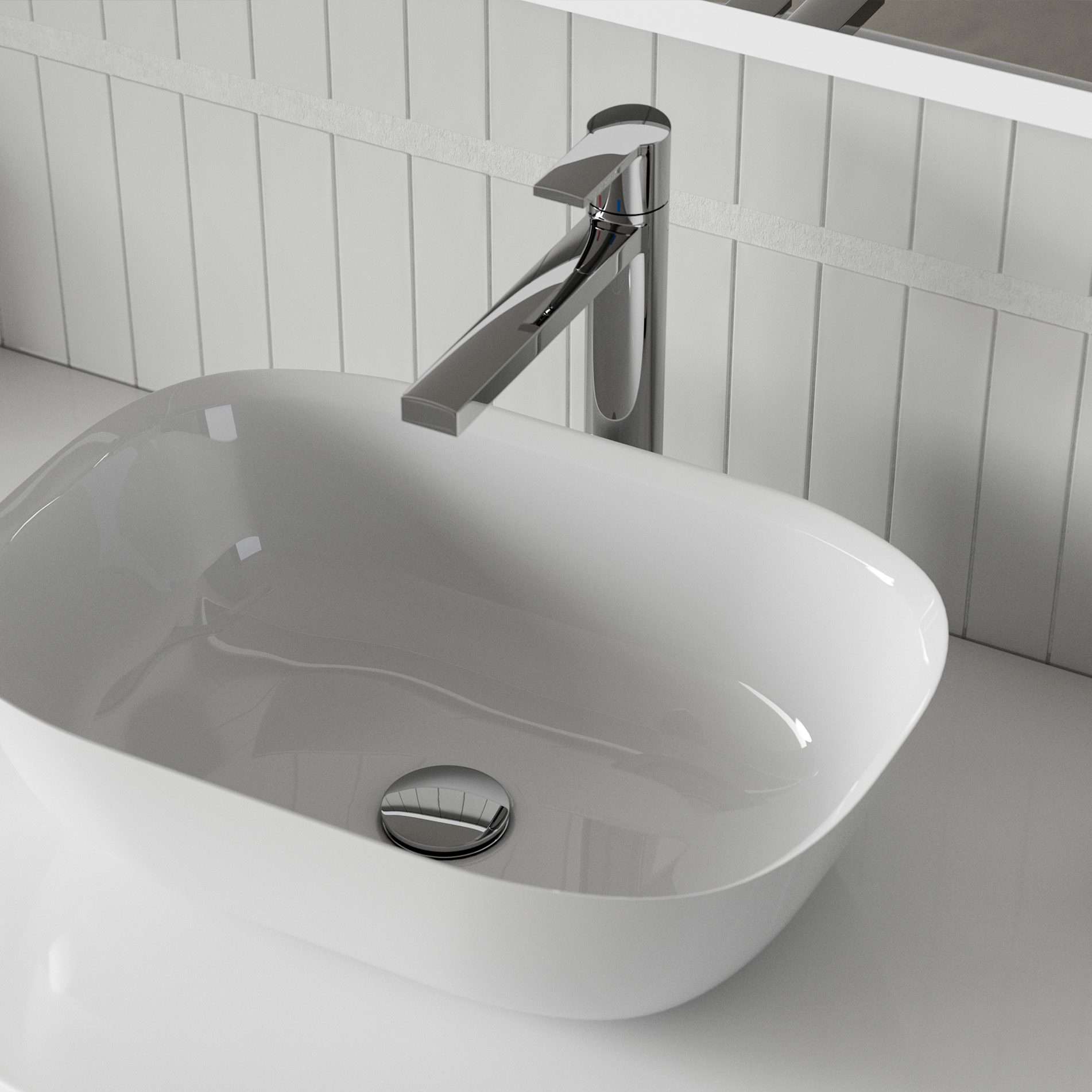 Sleek modern bathroom sink with chrome tap, close-up view showcasing stylish design and clean white finish, ideal for contemporary bathroom settings.