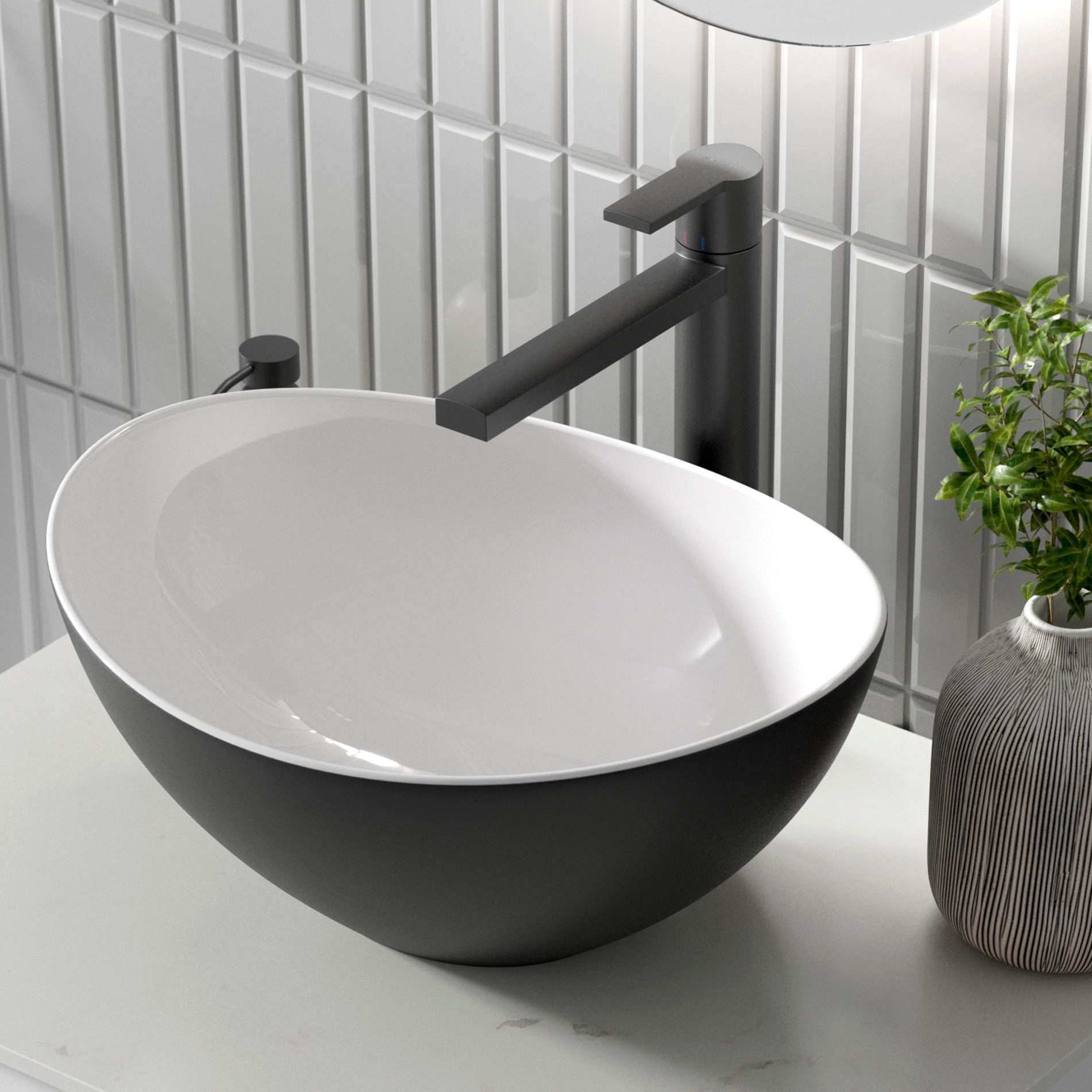 Modern black and white bathroom sink with sleek matte black tap and minimalist design, perfect for contemporary bathroom decor and hygiene needs.