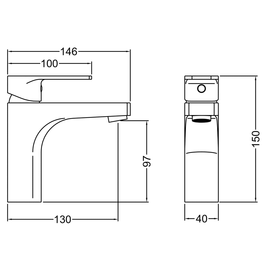 Sleek modern bathroom sink with detailed technical drawings, measuring 146mm in height, 97mm in outlet height, and 40mm in width, designed for contemporary bathroom installations.