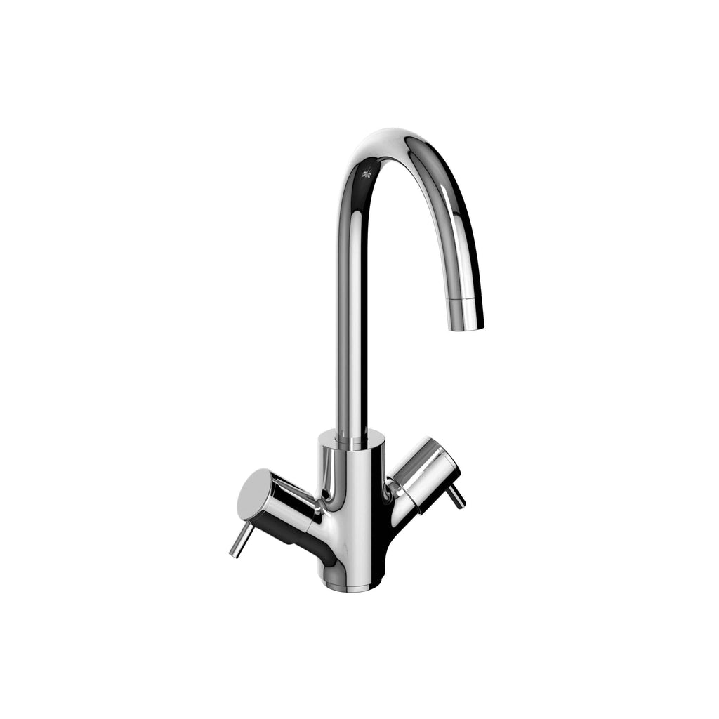Shiny chrome kitchen tap with high curved spout and dual lever handles, modern bathroom fixture, sleek design, perfect for contemporary bathroom or kitchen renovation.