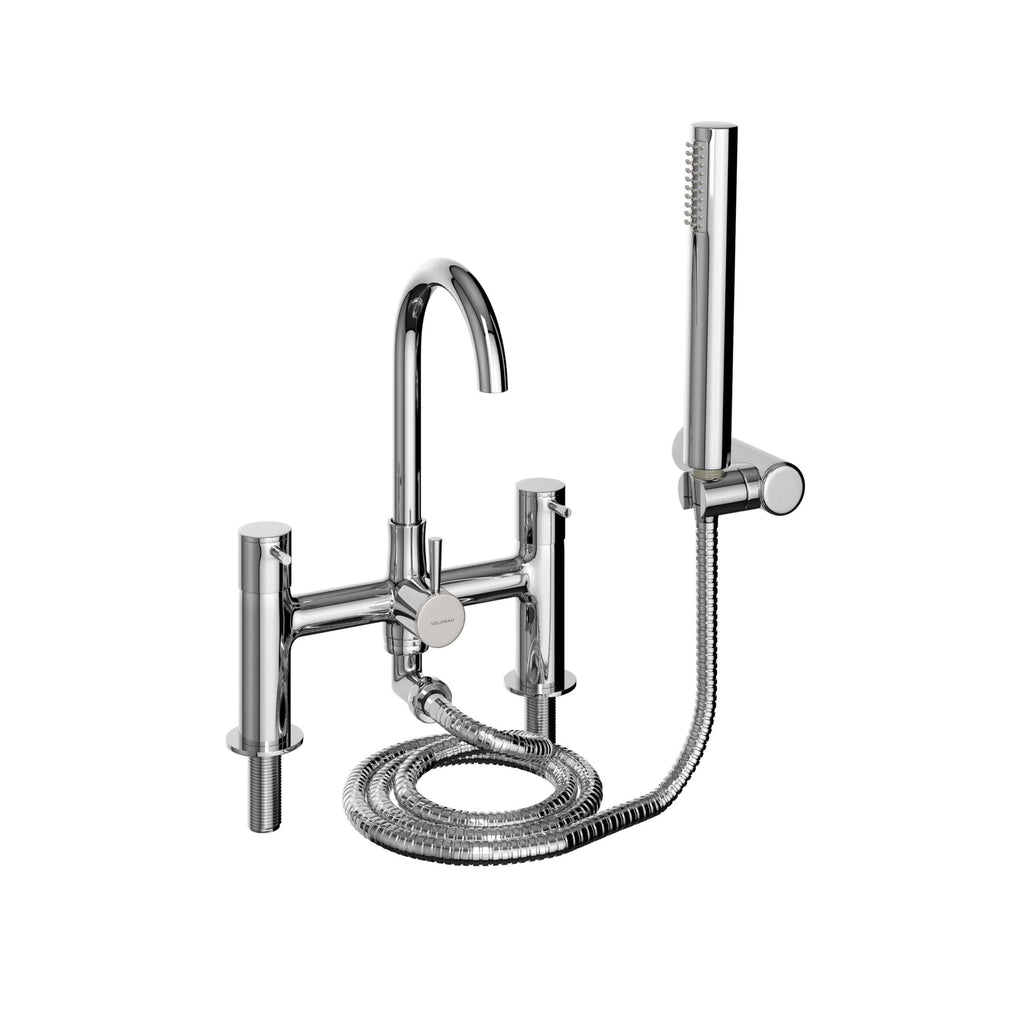 Polished chrome bathroom mixer tap with hand shower, flexible hose, and modern design for sleek, functional bathroom renovation. Ideal for contemporary bathroom setups.