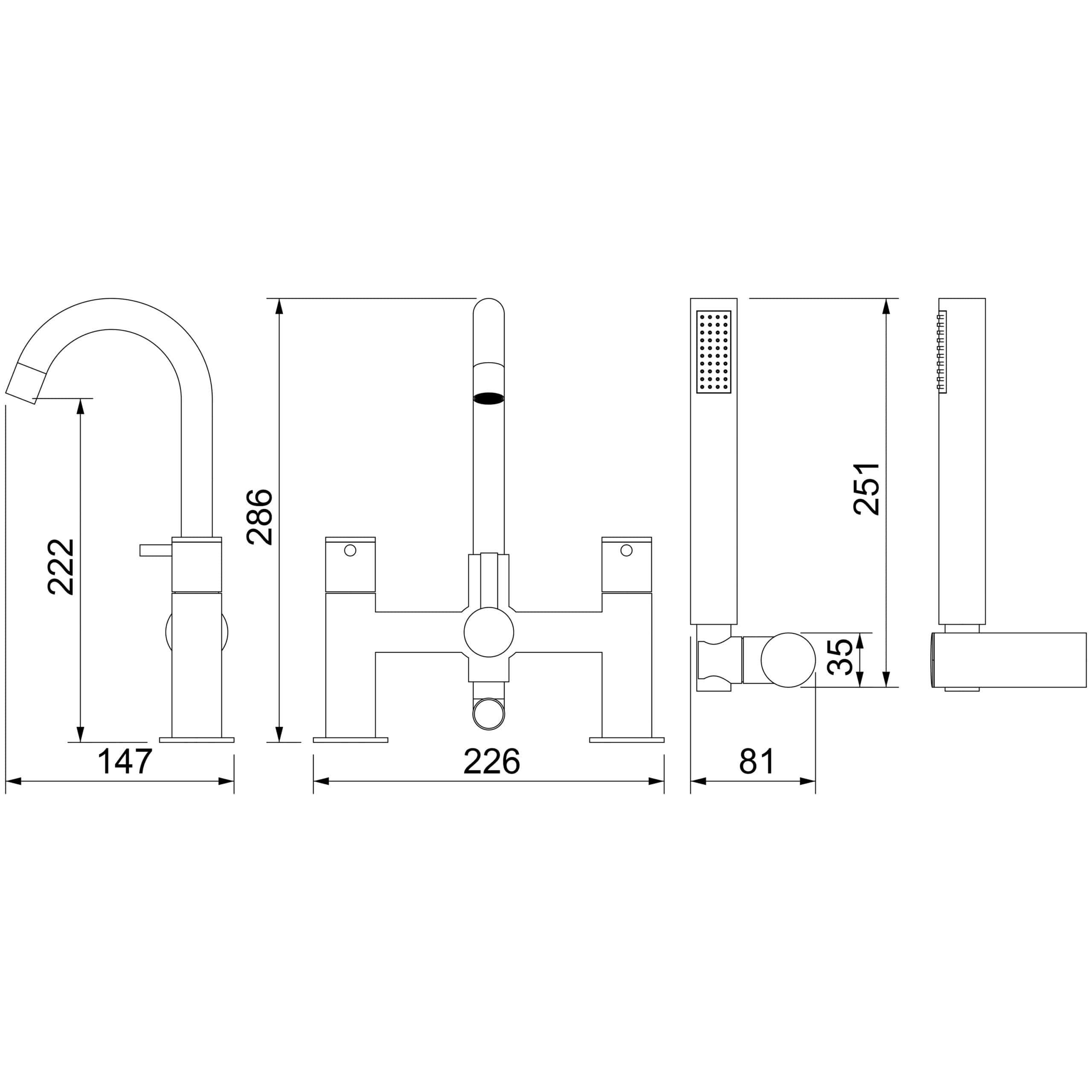 Sleek modern bathroom mixer tap with high-arc spout and precise measurements, ideal for contemporary bathroom designs. Featuring detailed technical specifications for installation.