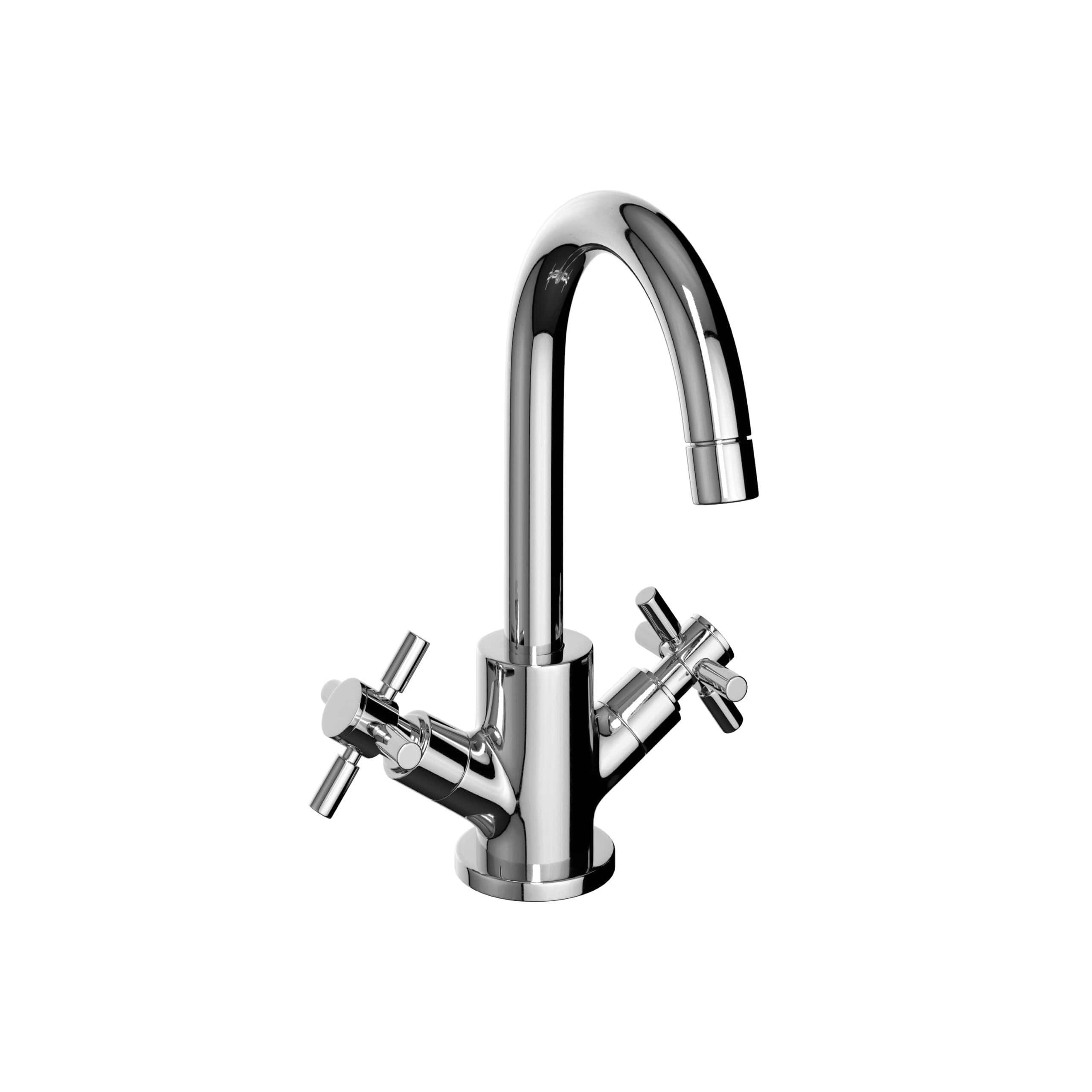 Polished chrome kitchen mixer tap with dual handles and a high-arc spout, ideal for modern bathroom or kitchen plumbing installations.