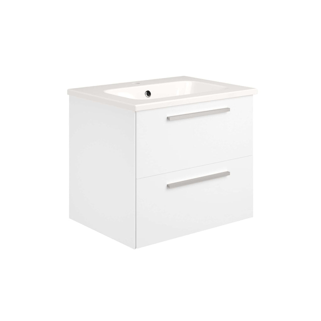Minimalist white bathroom vanity with integrated sink and sleek silver handles, perfect for contemporary bathroom decor, combining functionality and modern design.