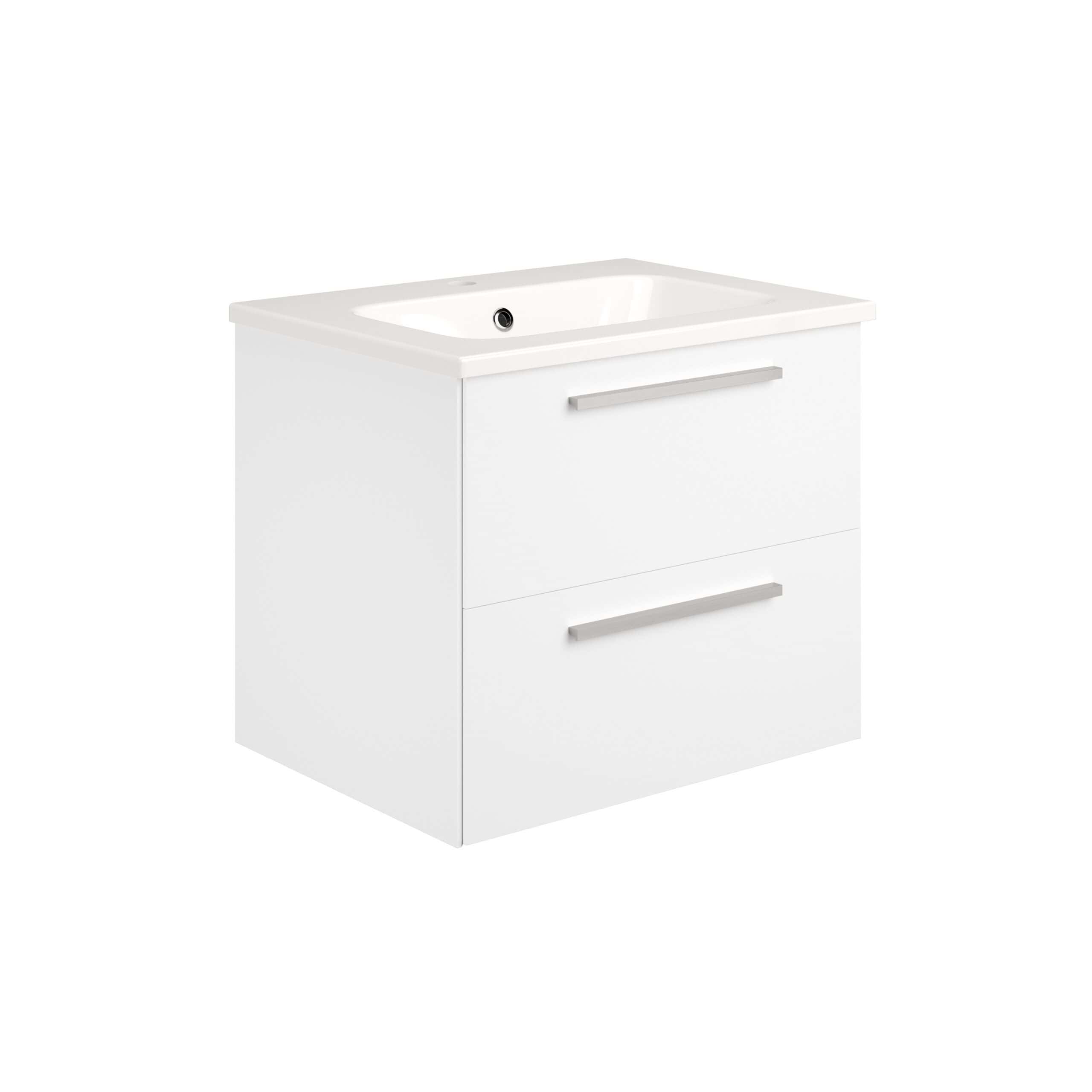 Minimalist white bathroom vanity with integrated sink and sleek silver handles, perfect for contemporary bathroom decor, combining functionality and modern design.